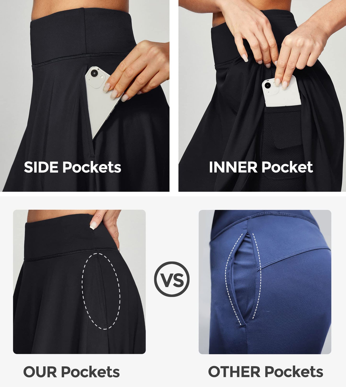 IUGA 20" Knee Length Skorts Skirts for Women with Pockets Tennis Skirt High Waisted Golf Skirts for Women Casual Athletic Black