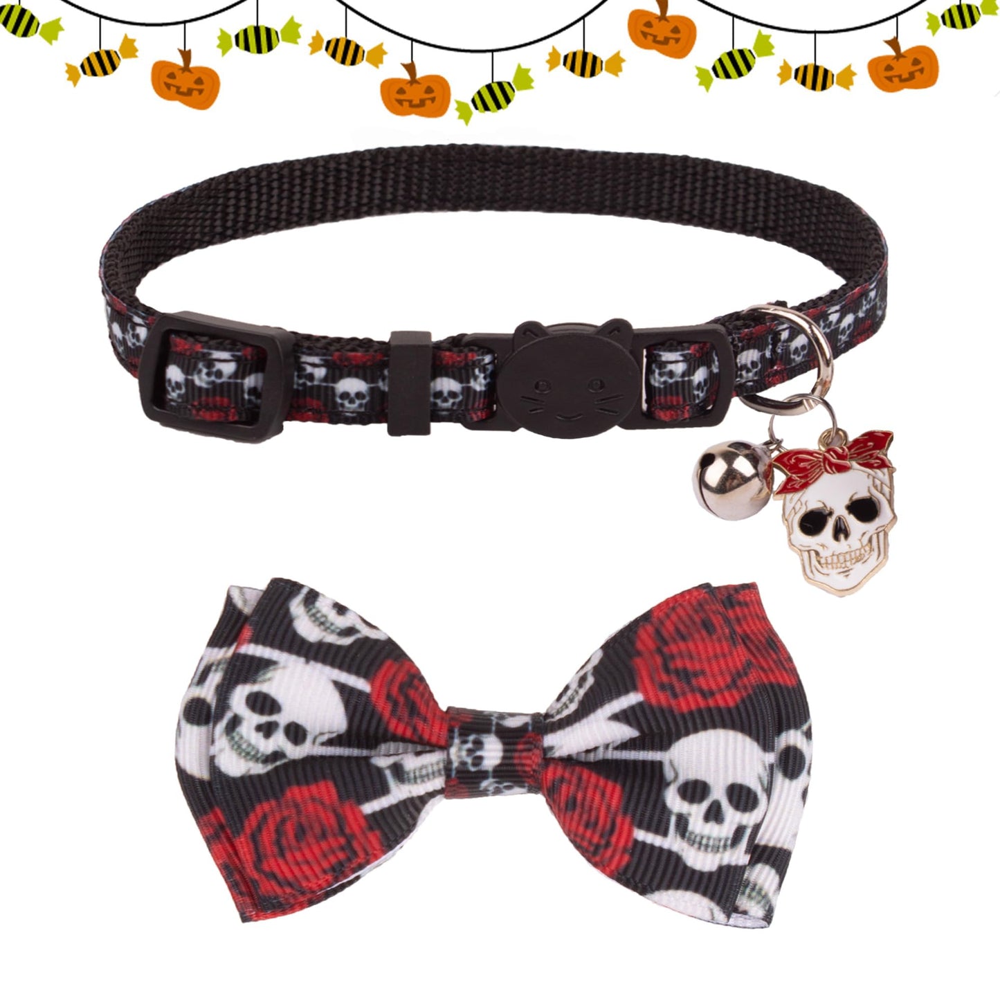 ADOGGYGO Halloween Cat Collars with Bow Bell, Breakaway Kitten Bowtie Collar Spider Web Skull Halloween Collars for Girl Boy Cats Kittens