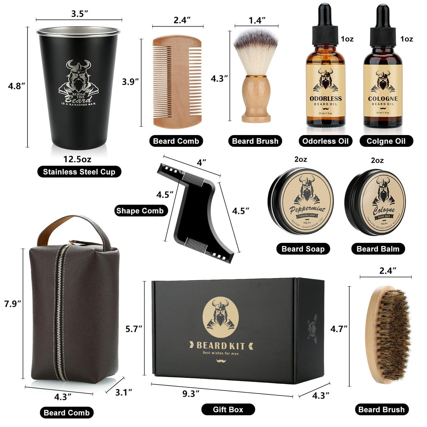 Beard Kit Gifts for Men, Father's Day Birthday Gifts for Men Dad Him, Grooming & Trimming Tool Complete Set, Beard Care Kit with 2 Beard Growth Oil/Balm/Brush/Comb/Shaving Soap/Cup&Storage Bag