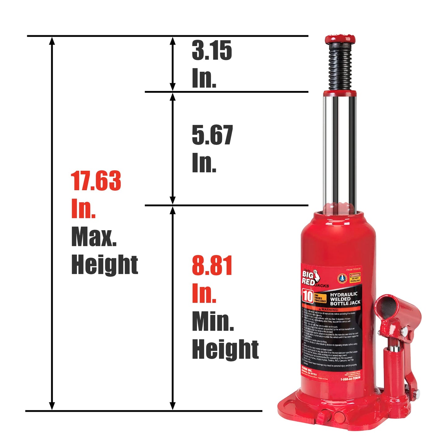 BIG RED 10 Ton (20,000 LBs) Torin Welded Hydraulic Car Bottle Jack for Auto Repair and House Lift, Red, TAM91003B