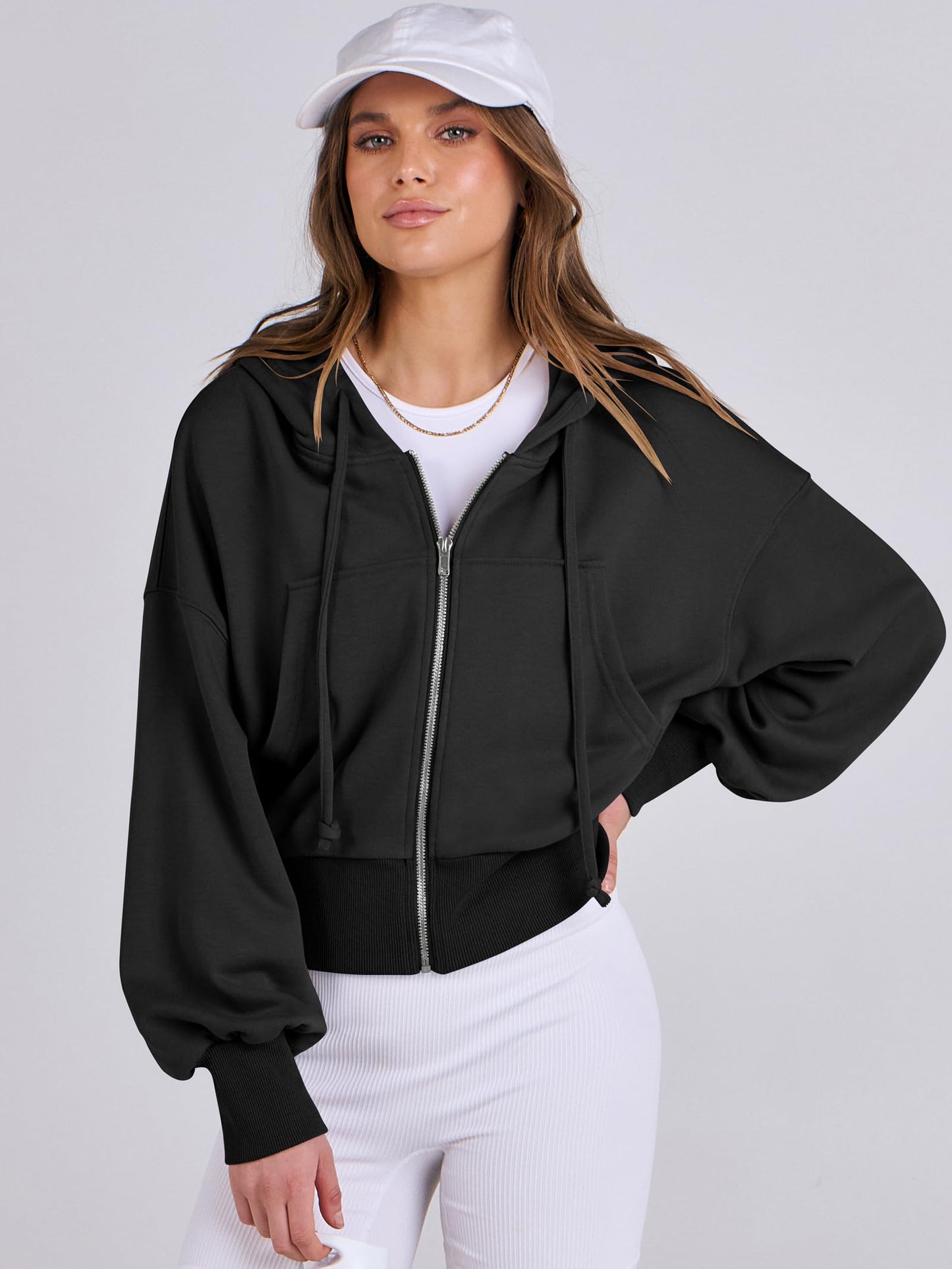 ANRABESS Women's Zip Up Hoodies Cropped Sweatshirts Casual Zip Jackets 2025 Fashion Trendy Fall Outfits Black Large