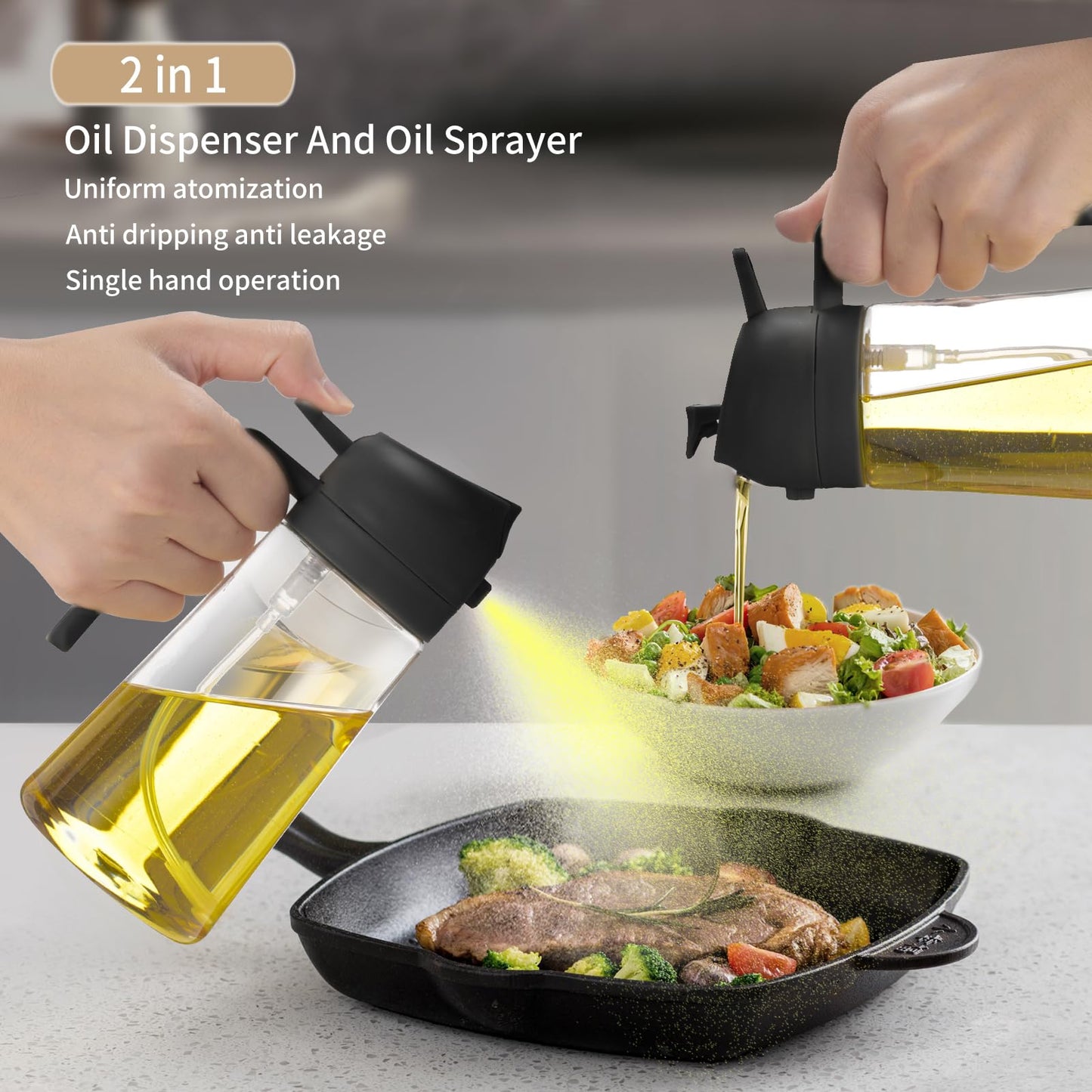 2-in-1 Oil Dispenser and Sprayer, Olive Oil Dispenser Bottle with Anti-Drip Spout, Oil Sprayer, For Salads, Air Fryer, Frying, Barbecue Green+Black 470ML/ 15.8fl.oz(2pcs)