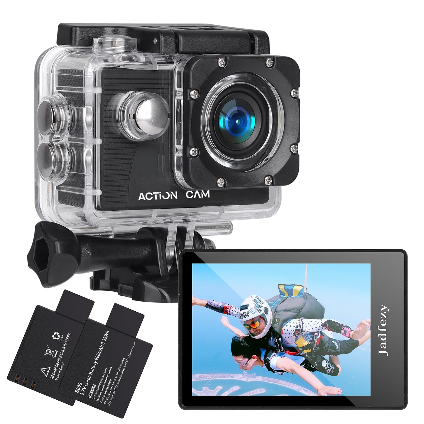 Jadfezy Action Camera FHD 1080P 12MP, 98FT/30M Underwater Waterproof Camera with 2 Batteries, Wide Angle Sports Camera with Accessories Kit Suitable for Helmet, Bicycle, etc.