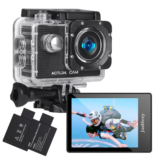 Jadfezy Action Camera FHD 1080P 12MP, 98FT/30M Underwater Waterproof Camera with 2 Batteries, Wide Angle Sports Camera with Accessories Kit Suitable for Helmet, Bicycle, etc.