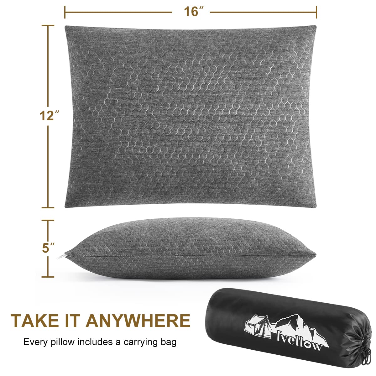 Ivellow Memory Foam Travel Pillow Compressible Camping Pillow for Sleeping Shredded Memory Foam Pillow Compact Firm Supportive Travel Pillow for Adults Kids Outdoor Backpacking Hiking Essential Gear-S