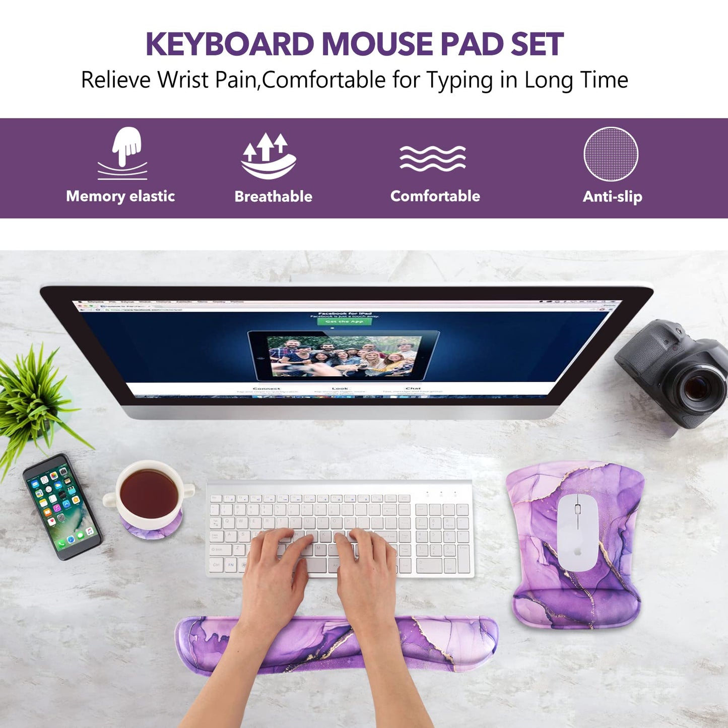 AIMSA Ergonomic Keyboard Wrist Rest and Mouse Pad with Wrist Support Set, Memory Foam Non-Slip Rubber Base, for Home, Office, Easy Typing, Pain Relief, Purple Marble