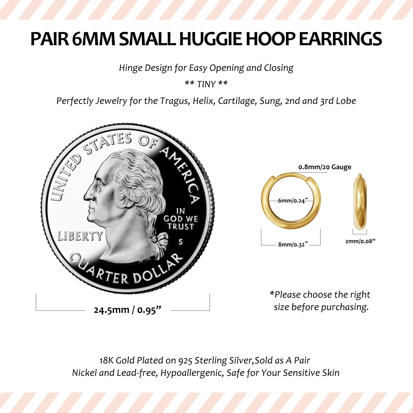 925 Sterling Silver Small Gold Hoop Earrings for Women Men,18K Gold Plated Hinge Huggie Hoop Earrings fit Cartilage, Helix, Tragus, Sung, Earlobe Lightweight Hypoallergenic Earrings (1 Pair - 6mm)