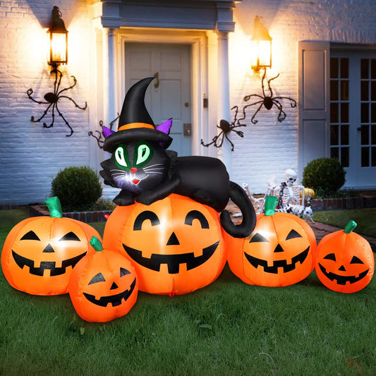 5FT Halloween Inflatable Pumpkin Outdoor Decoration, Lighted Blow Up Yard Decor, 5PCS Pumpkins with Witch’s Black Cat Built-in LED Lights for Balcony Home Holiday Party Lawn Patio Outside Events Prop