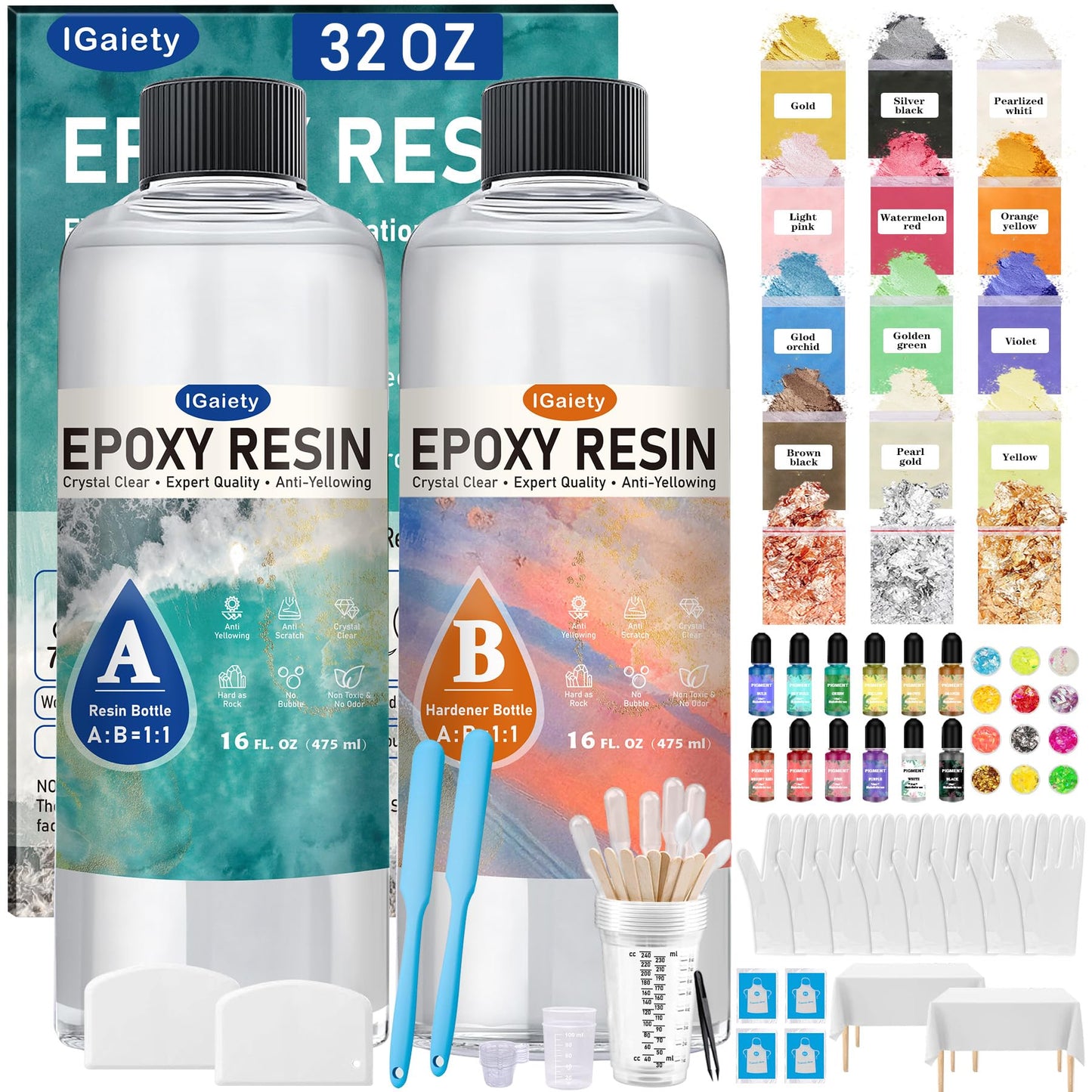 IGaiety Epoxy Resin 32 OZ, Epoxy Resin Kit, Crystal Clear Resin Not Yellowing Epoxy Kit Self-Leveling & Bubble-Free for Beginner Coating Casting DIY Jewelry Making Art Crafts (16 OZ+16 OZ)