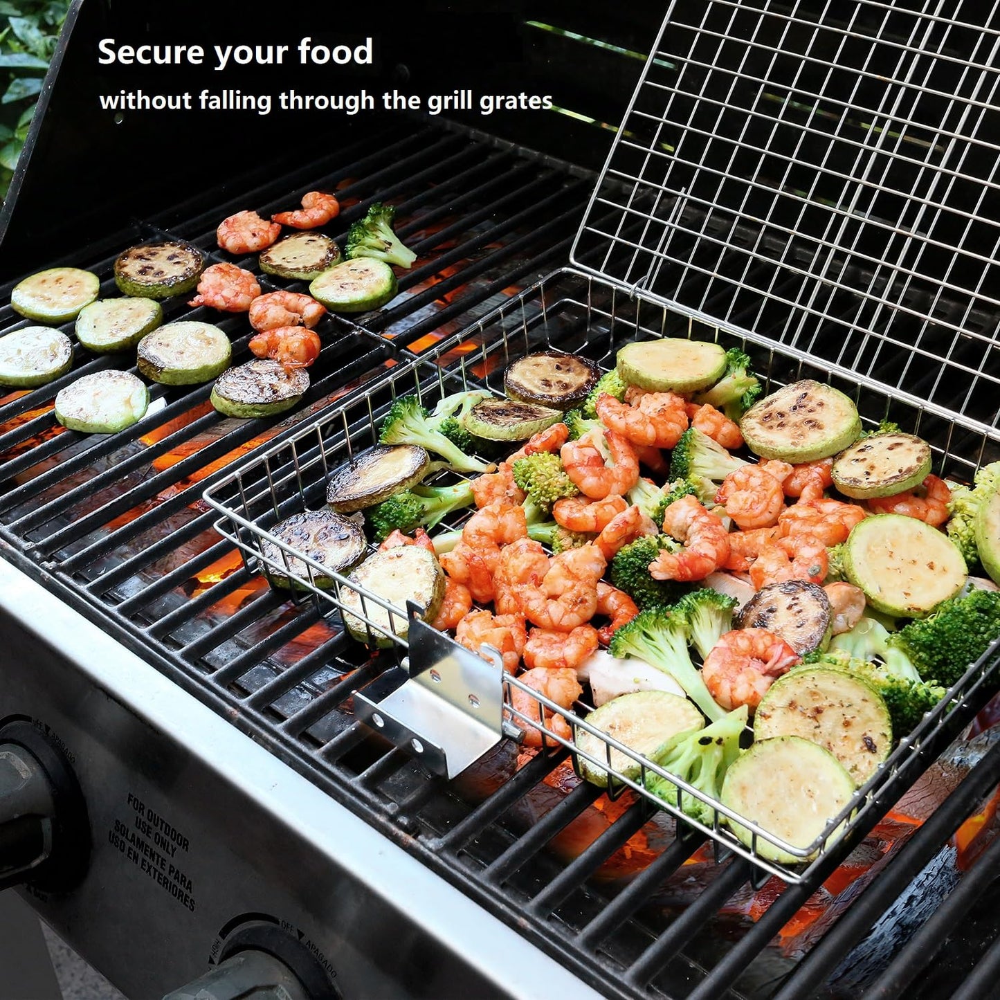 AIZOAM Grill Basket - Grill Baskets for Outdoor Grill, Stainless Steel Large Grilling Basket w Removable Handle, Portable Fish Grilling Rack for Grill Ideal Meat Fish Vegetables Grilling Accessories