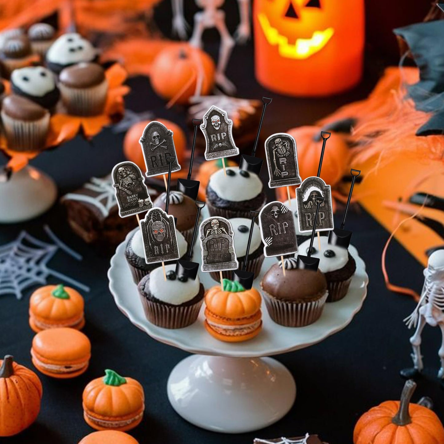 48 PCS Halloween Cupcake Toppers Tombstone Cupcake Picks Novelty Mini Shovel Spoons Horrible Gravestone Skeleton Cupcake Decorations for Halloween Theme Birthday Party Cake Decorations Supplies