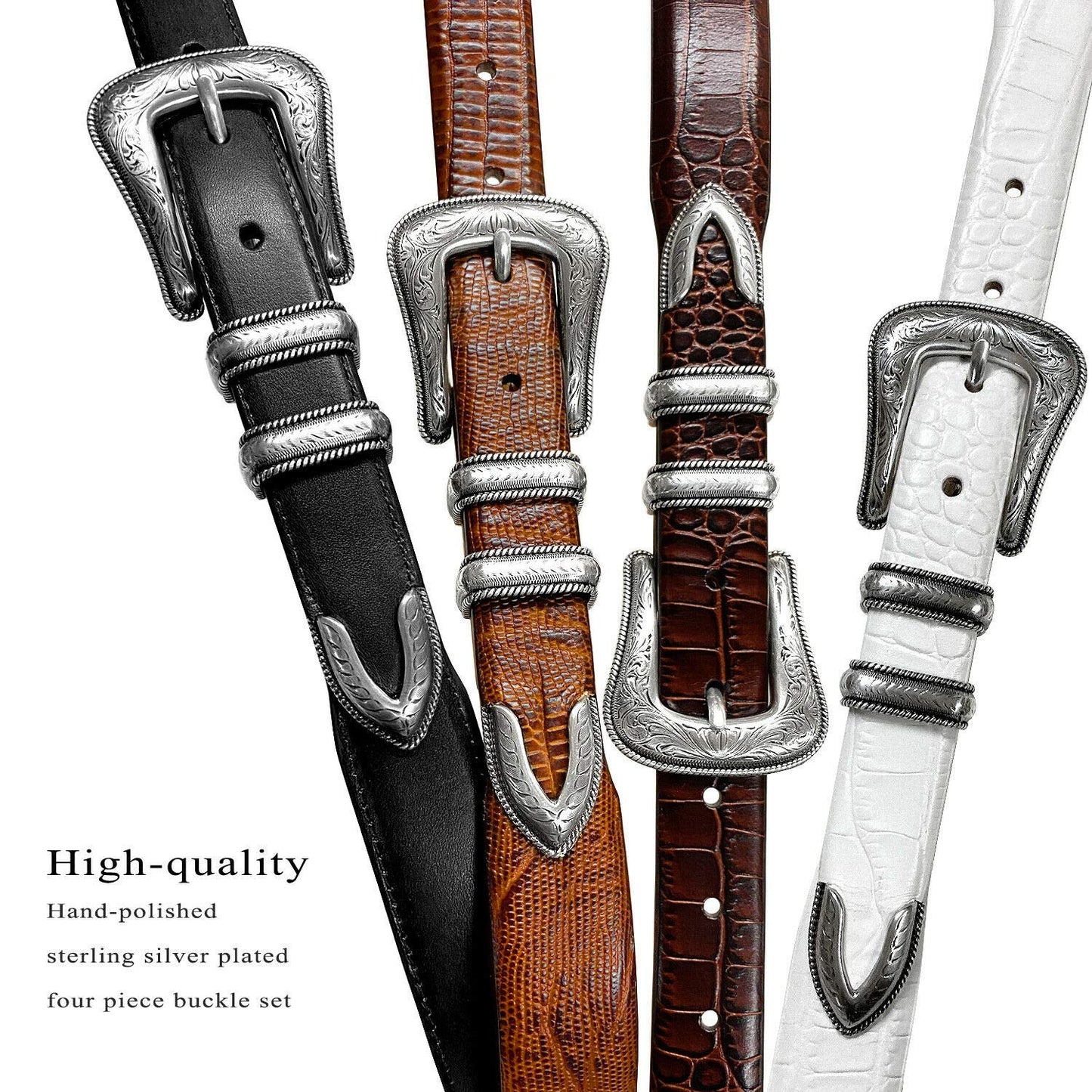Brenton_Genuine Full-Grain Cowhide Leather Dress Belt with Western Silver Plated Buckle Set (Smooth Black, 38)