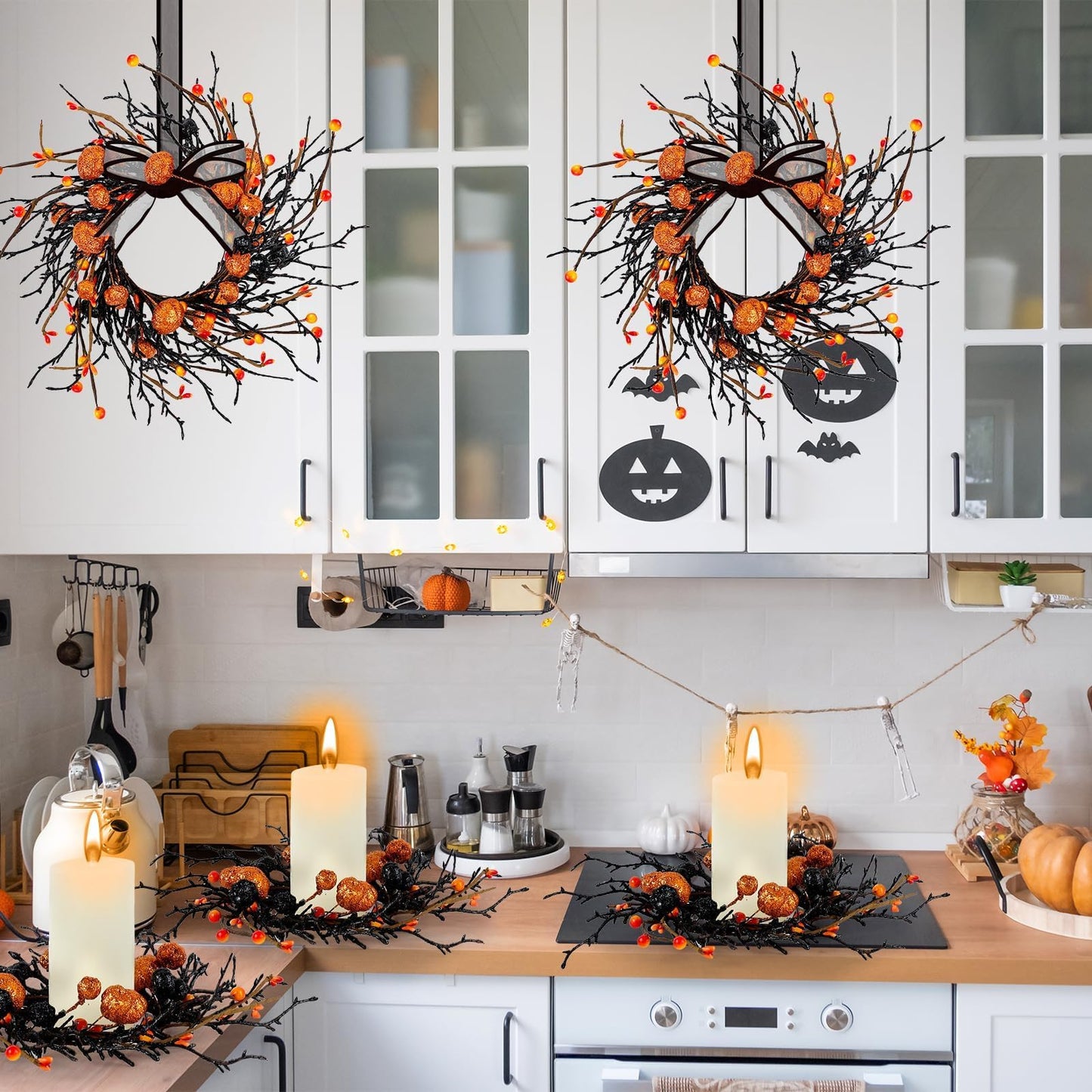 6 PCS Halloween Swags Wreaths Black Berry Cabinet Hanging Decorative Wreaths 3.5 Inch Halloween Candle Rings Berries & Pumpkin Candle Rings for Front Door Home Wall Decor Party Outdoor Indoor Supply