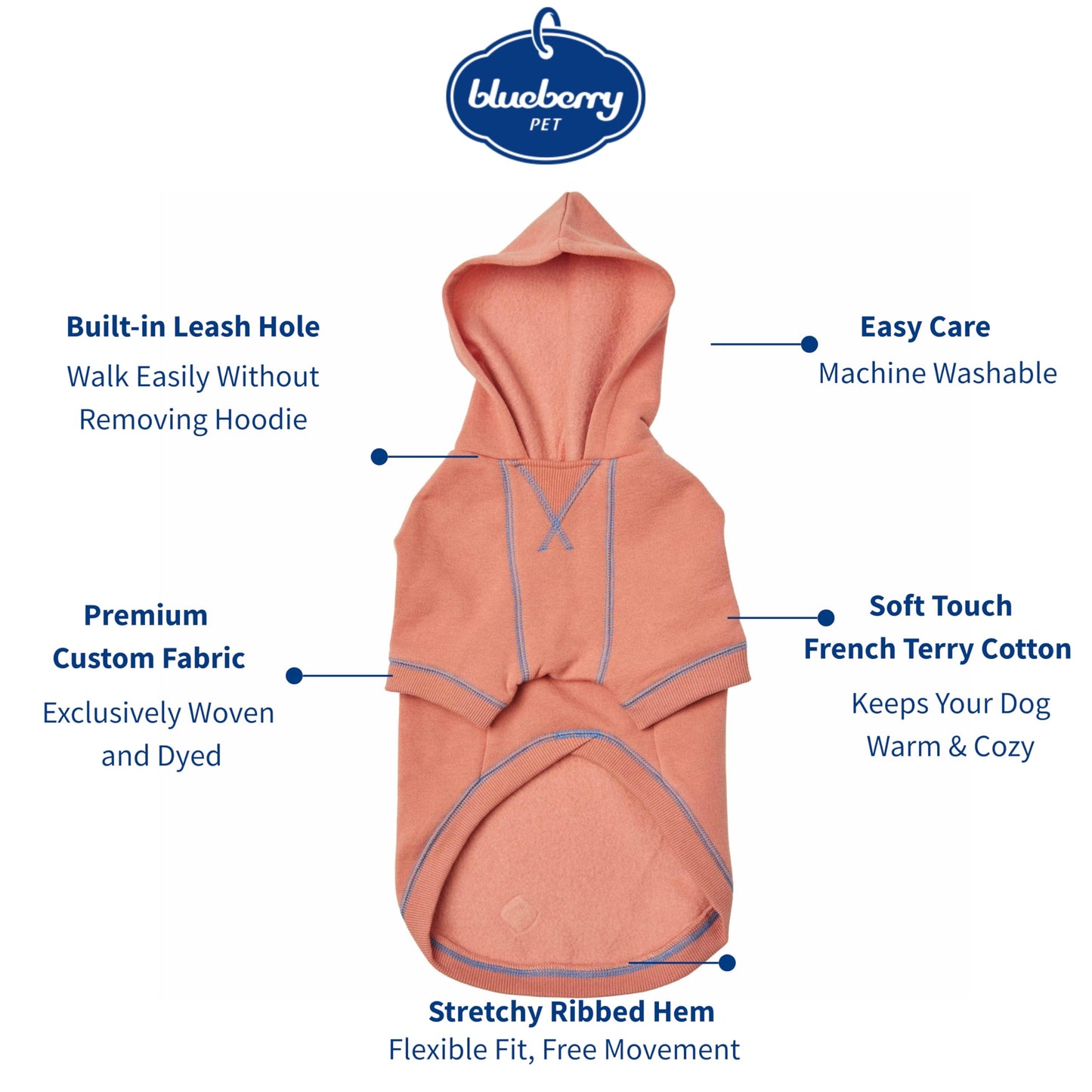 Blueberry Pet Essentials Dog Hoodie – 22 inch, Cotton‑Blend Sweatshirt with Hood, Coral, Machine‑Washable Small‑Dog Jersey