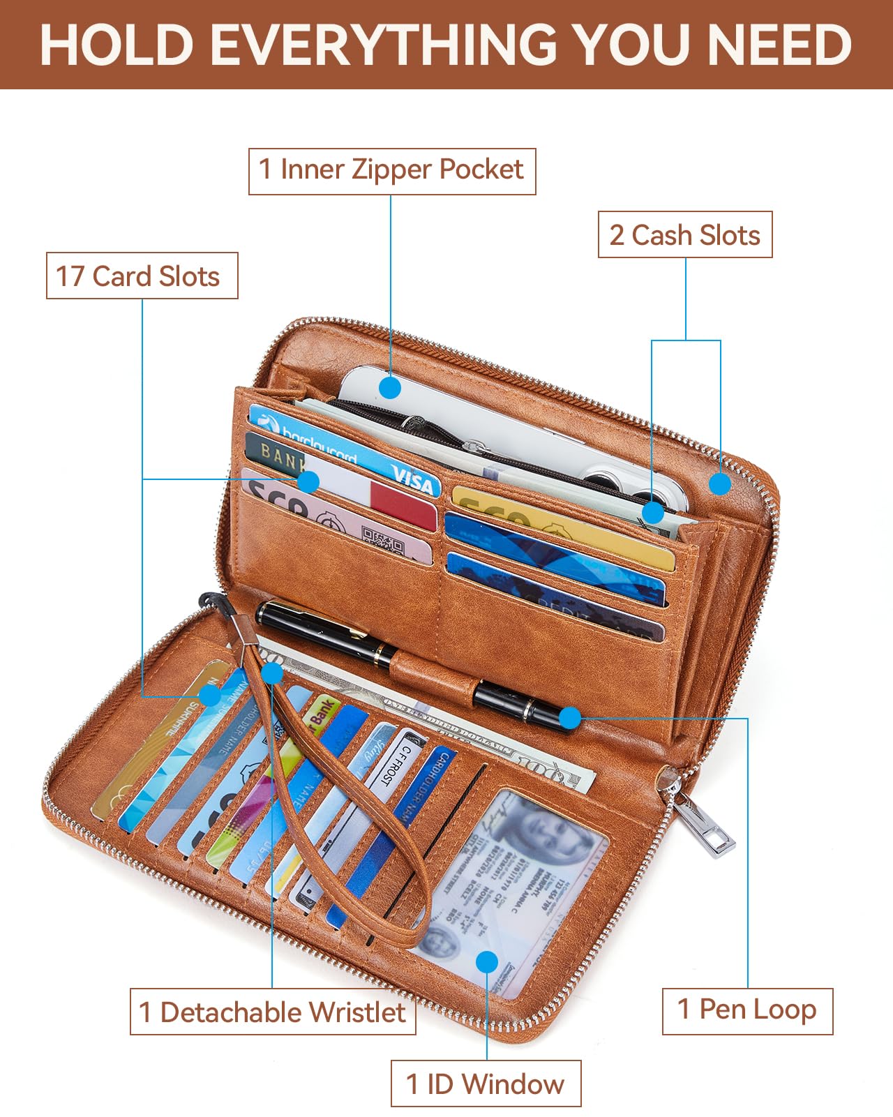 BOSTANTEN Leather Wallet for Women RFID Blocking Zip Around Credit Cards Holder Phone Clutch Brown