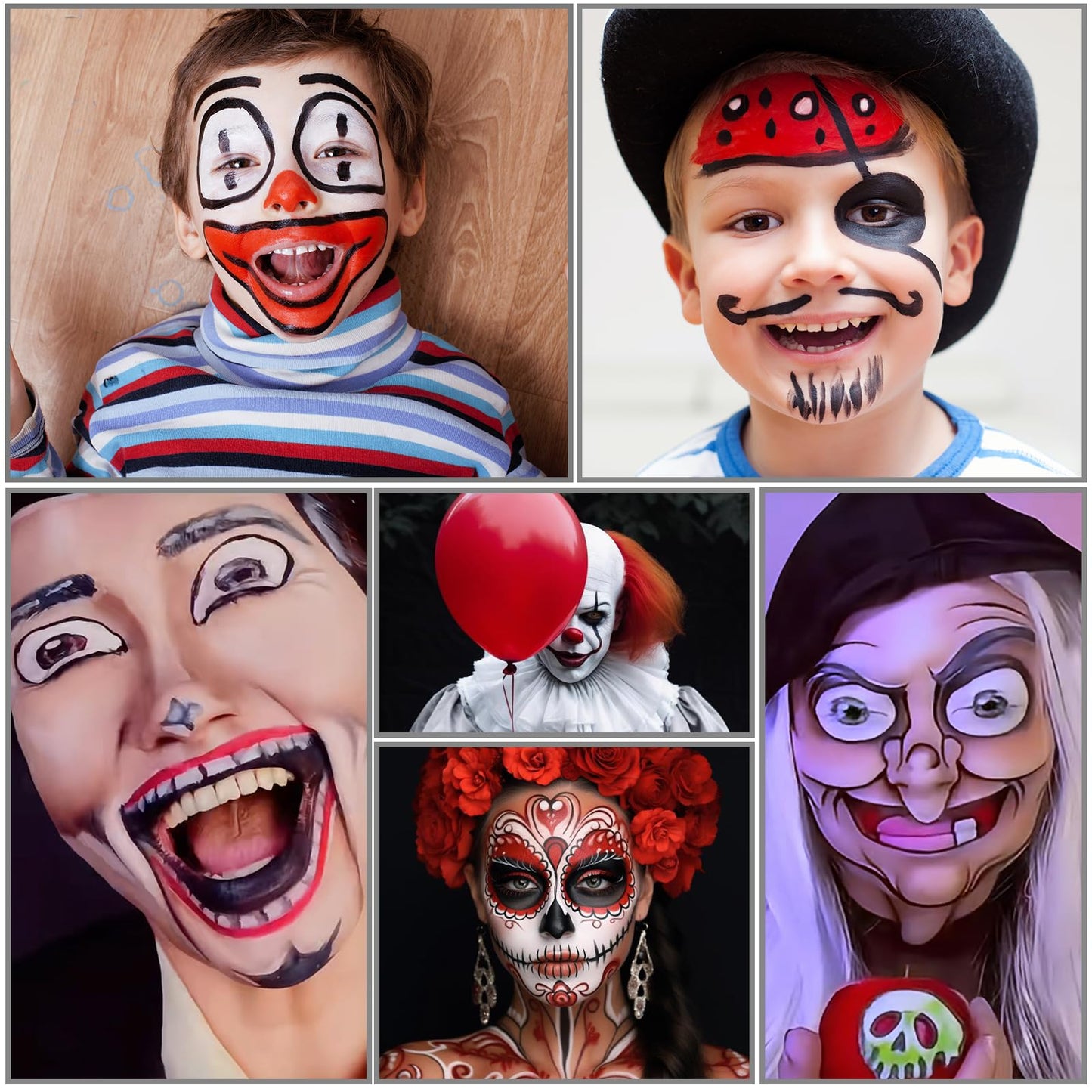 White Black Red Joker Clown Face Body Paint with Brushes for Halloween Makeup, Water Based Face Painting Kit Non Toxic for Kids & Adults, Facepaint Set for Skull Witch Goth Vampire SFX Cosplay Make Up