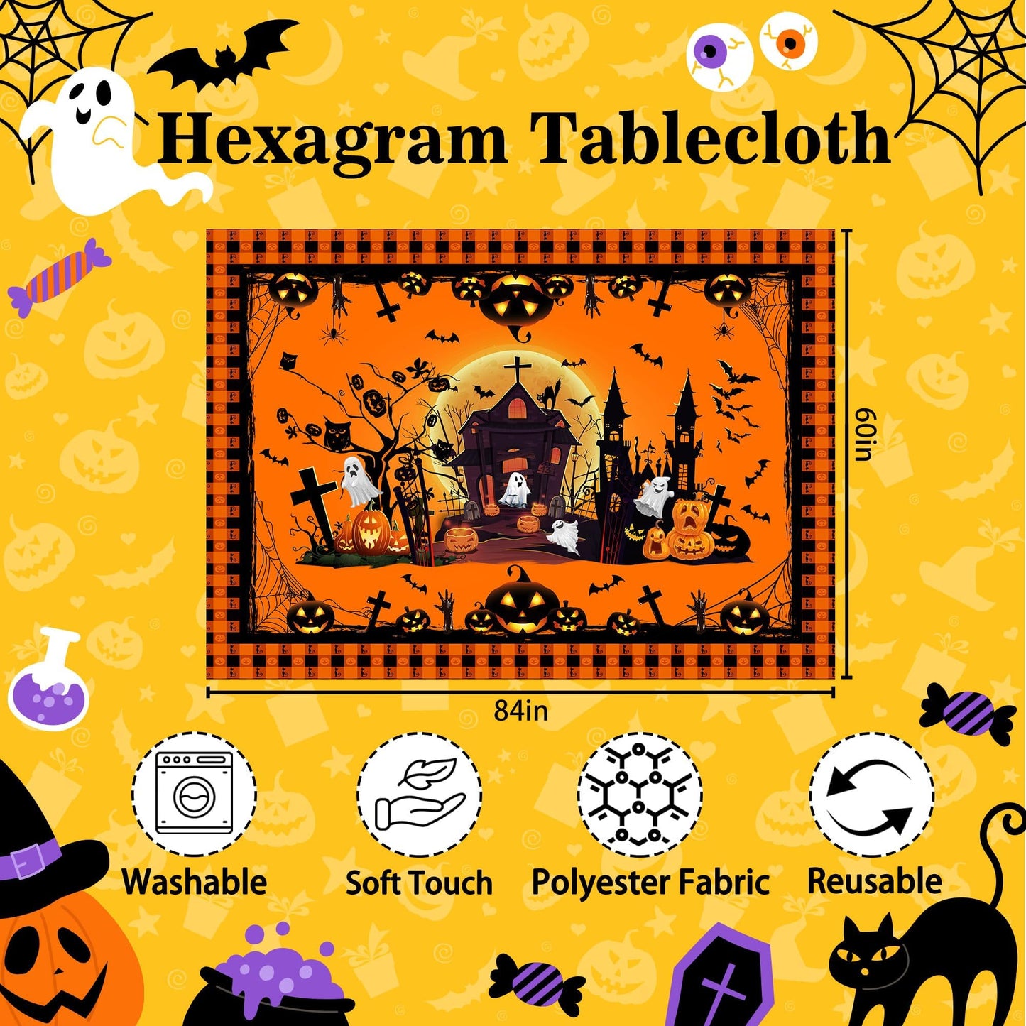 Hexagram Halloween Tablecloth Rectangle Pumpkin Tablecloths 60 x 84 inches Castle Ghost Table Cloth