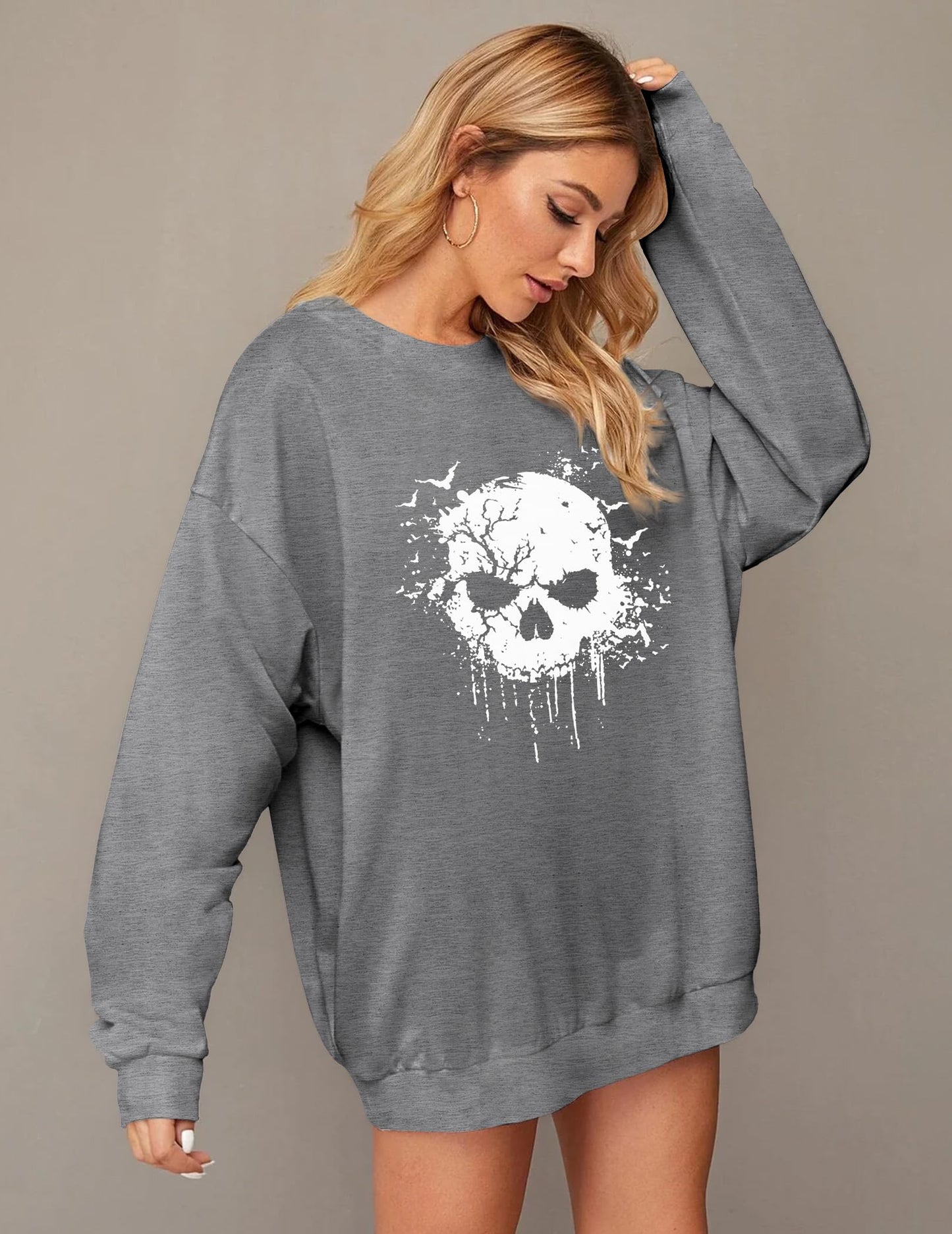 Zeagoo Women's Halloween Pumpkin Face Long Sleeve Sweatshirts Lightweight Casual Pullover Tops Grey Skull XL