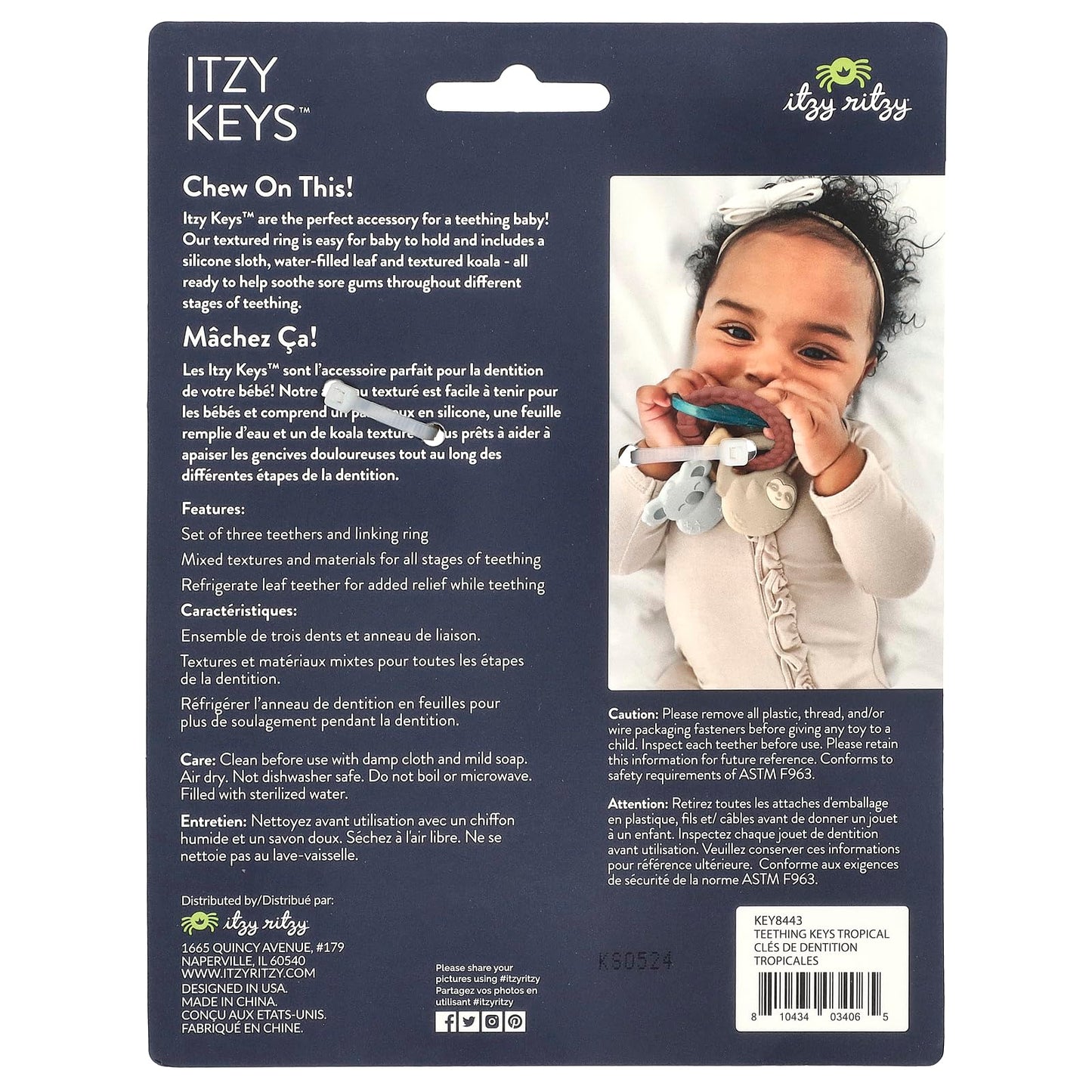 Itzy Ritzy Teething Keys Baby Teether Toy - Features a Braided Texture Ring & Keys, Includes a Water-Filled Leaf-Shaped Teether & Silicone Sloth & Koala Teething Toys, Ideal for Ages 3 Months & Up