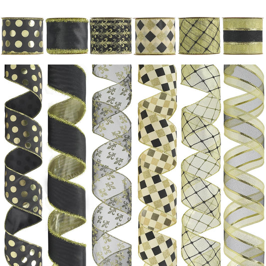 HUIHUANG Black Wired Ribbon for Christmas Tree Black and Gold Christmas Ribbons for Tree Decorations, Bows, Wreaths, Garland, Gift Wrapping, Crafts, Home Decor (2-1/2" x 6 Rolls, 36 Yds Total)