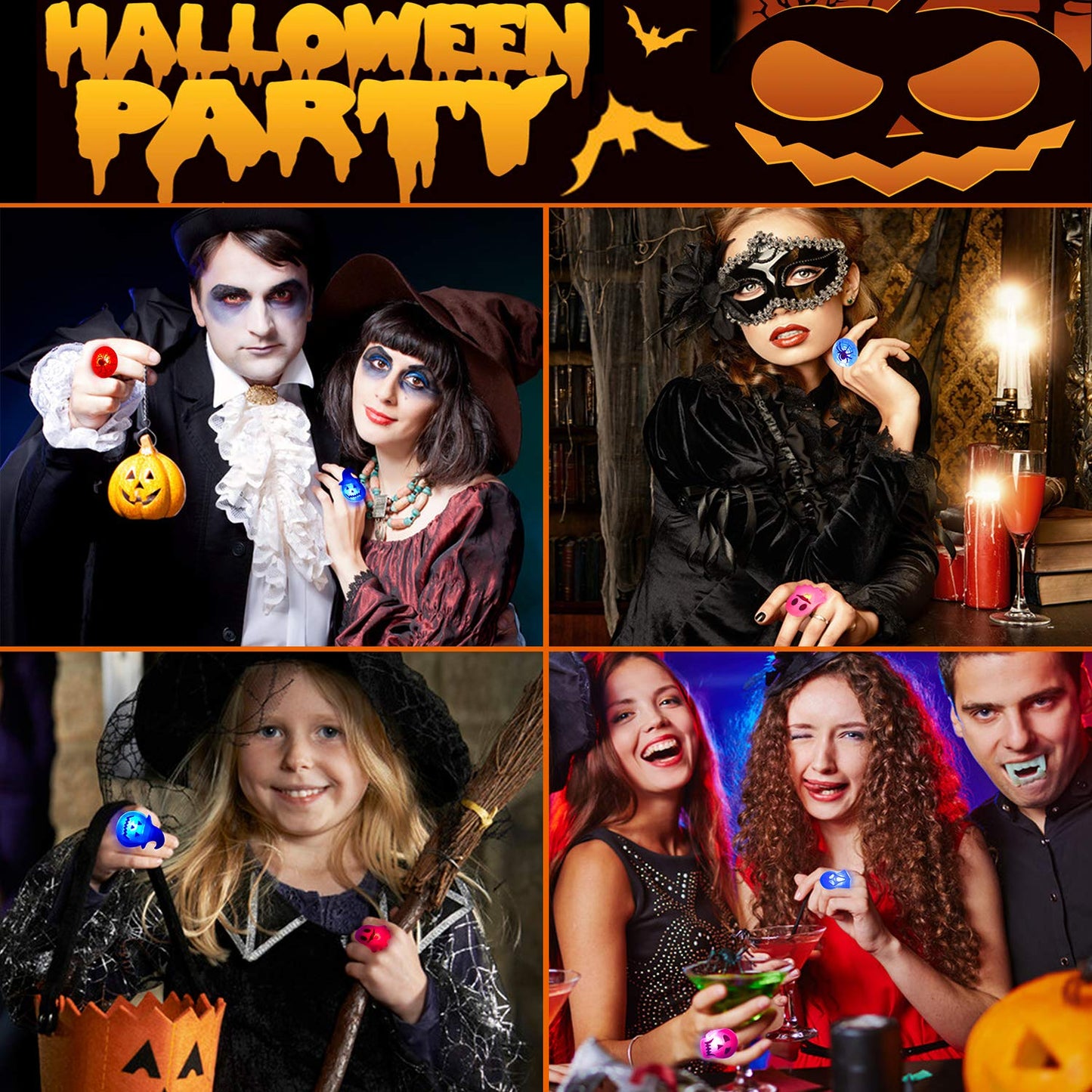 50 Pcs Halloween LED Glow Ring, Light Up Toys Glow in the Dark Birthday Halloween Party Favors Decorations Supplies for Adults Flash Finger Rubber Rings 8 Shape Ghost Pumpkin Skeleton Spider Bat