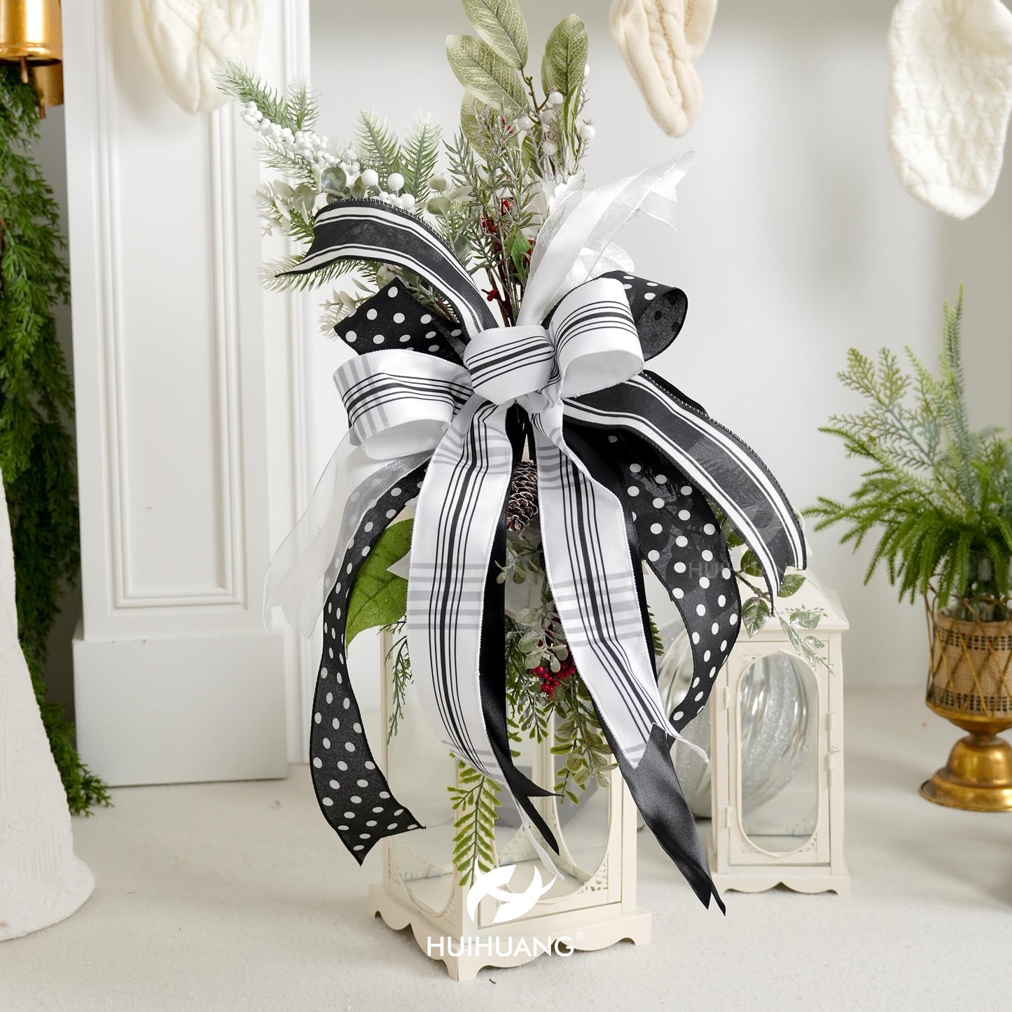 HUIHUANG Black Polka Dot Wired Ribbon, 2.5 Inch X 10 Yards - Black and White Dot Burlap With Wire Edge for Crafts, Fall Wreath Supplies, Gift Wrapping, Basket Bows Decor