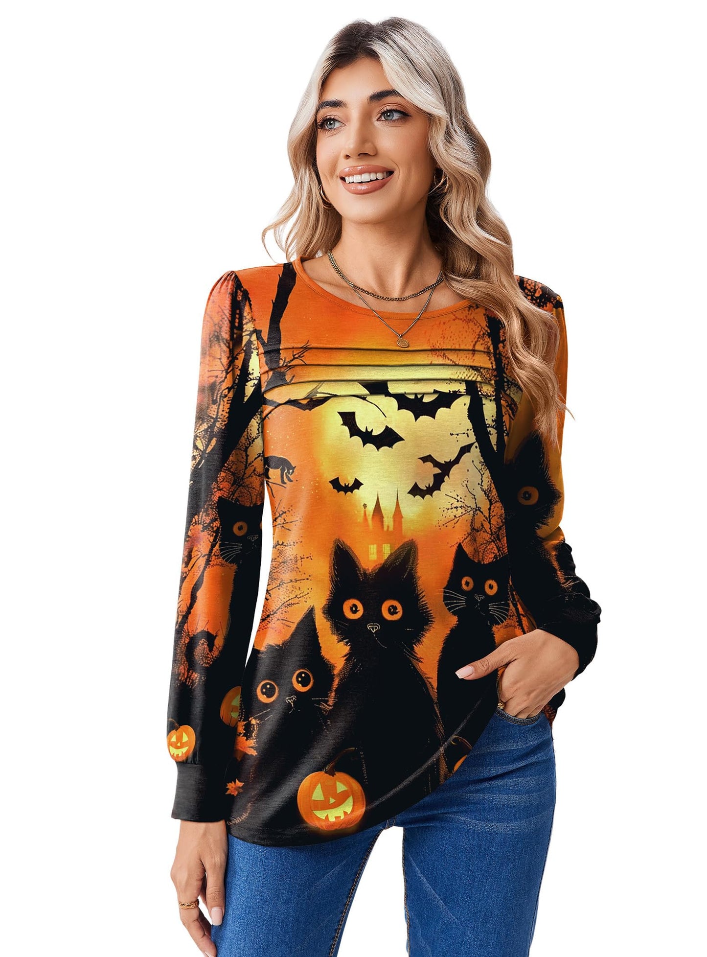 Zeagoo Womens Halloween Clothes Fall Long Sleeve Shirts Orange Cat Graphic Crewneck Casual Funny Tops Ladies Blouses