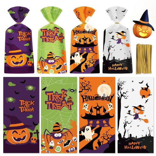 50 Pack Halloween Treat Bags - Plastic Halloween Goodie Bags, Happy Halloweens Candy Bag, Trick or Treat Snack Gift Cellophane Bags with Twist Ties for Kids Hallowen Party Birthday Supplies Favors