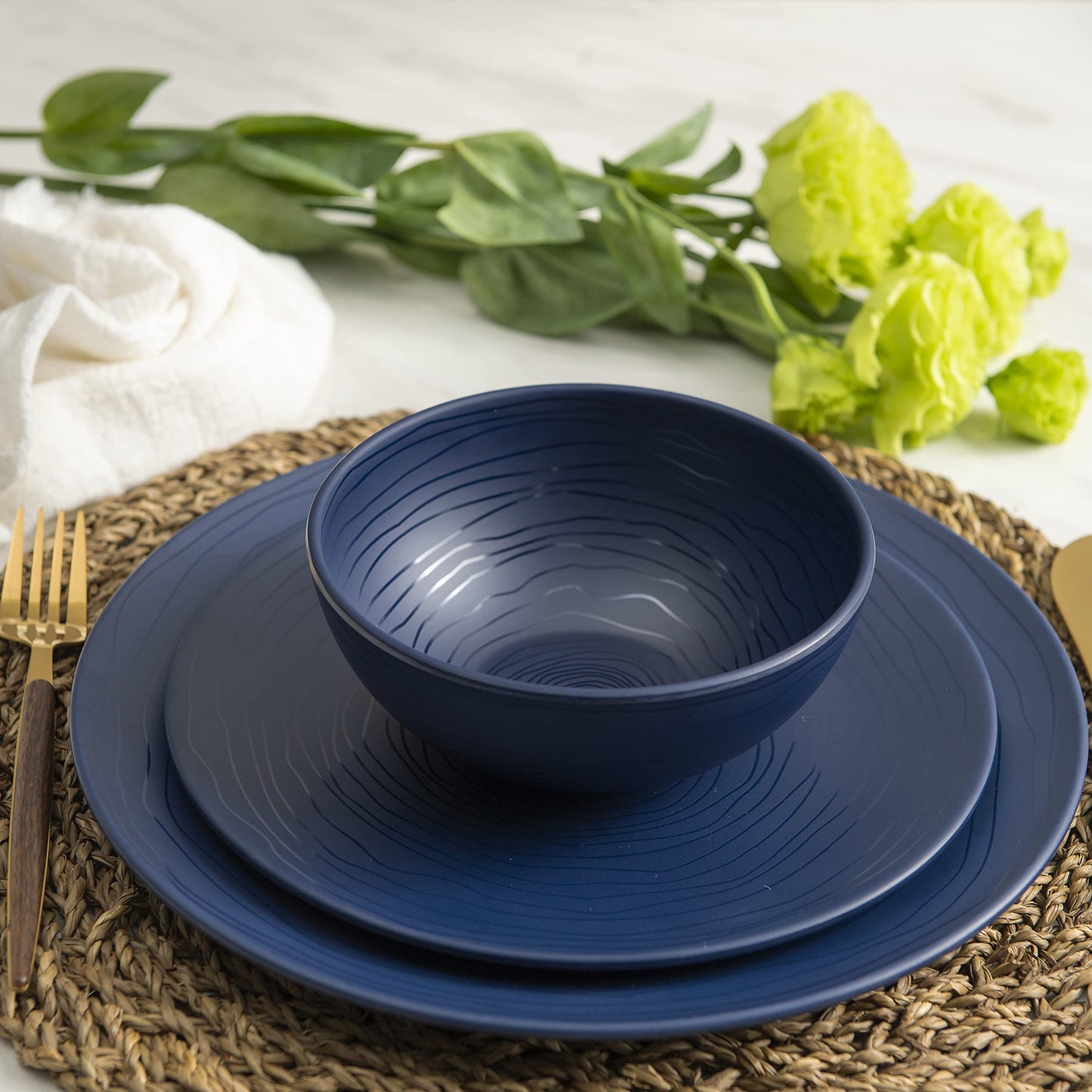 Bzyoo 12 Piece Melamine Dinnerware Set - Durable, Dishwasher Safe, Organica Navy Blue Plates and Bowls Sets Casual Dish Set for Dining, Outdoor and Kitchen