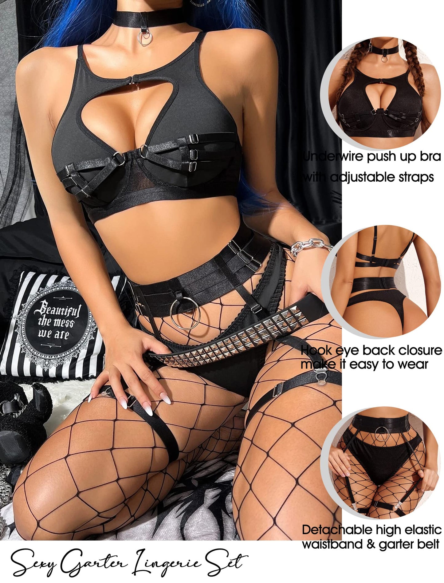 Avidlove Sexy Lingerie Set with Underwire Garter Belt Lingerie Set for Women Bra and Panty 5 Piece with Choker(No Stockings) Black
