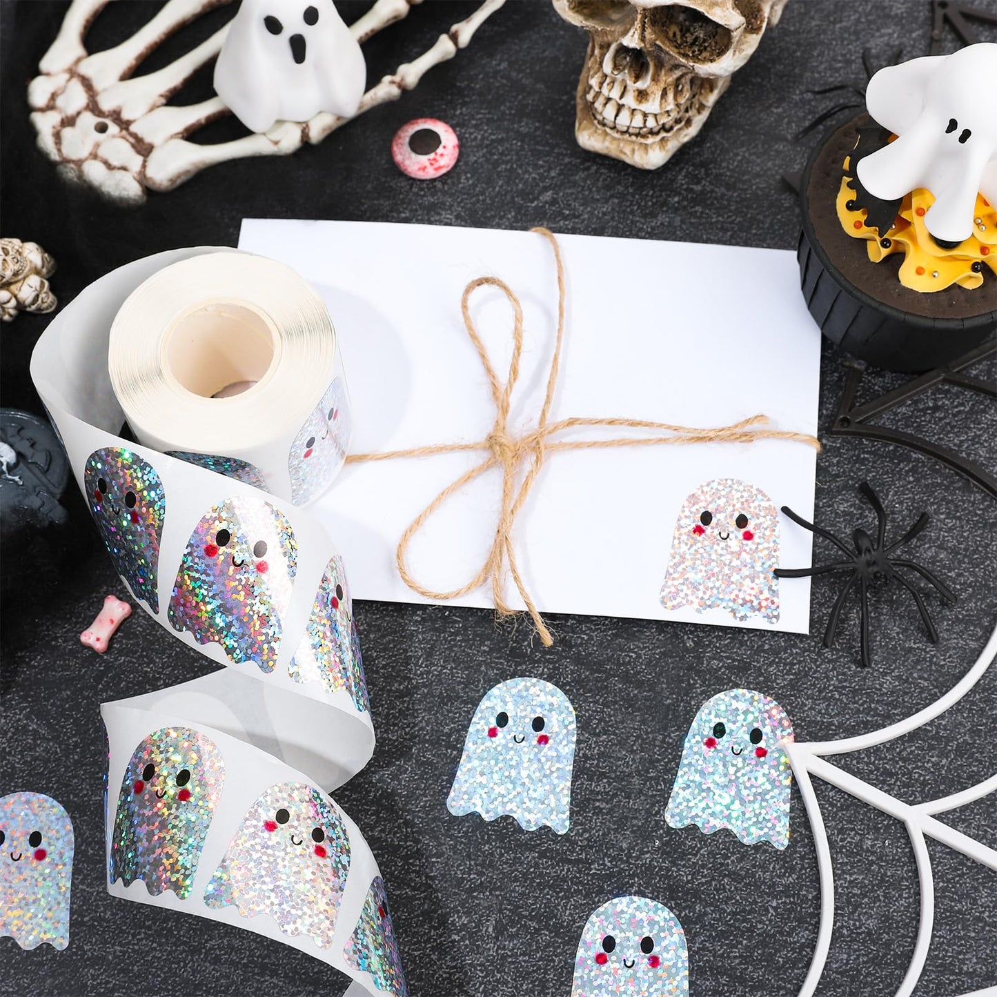 Whaline Halloween Ghost Stickers Roll Laser Cute Cartoon Ghost Seal Stickers Waterproof Self-Adhesive Decals for Envelope Journal Decor Birthday Baby Shower, 500 Pcs