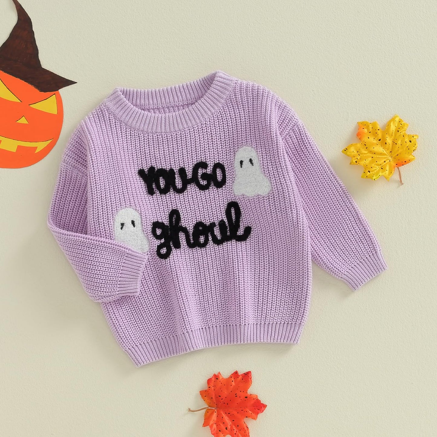 Baby Halloween Sweater Boy Girl Pumpkin Long Sleeve Crewneck Embroidery Knit Sweatshirt Toddler Pullover Tops (Ghoul Purple, 4-5 Years)