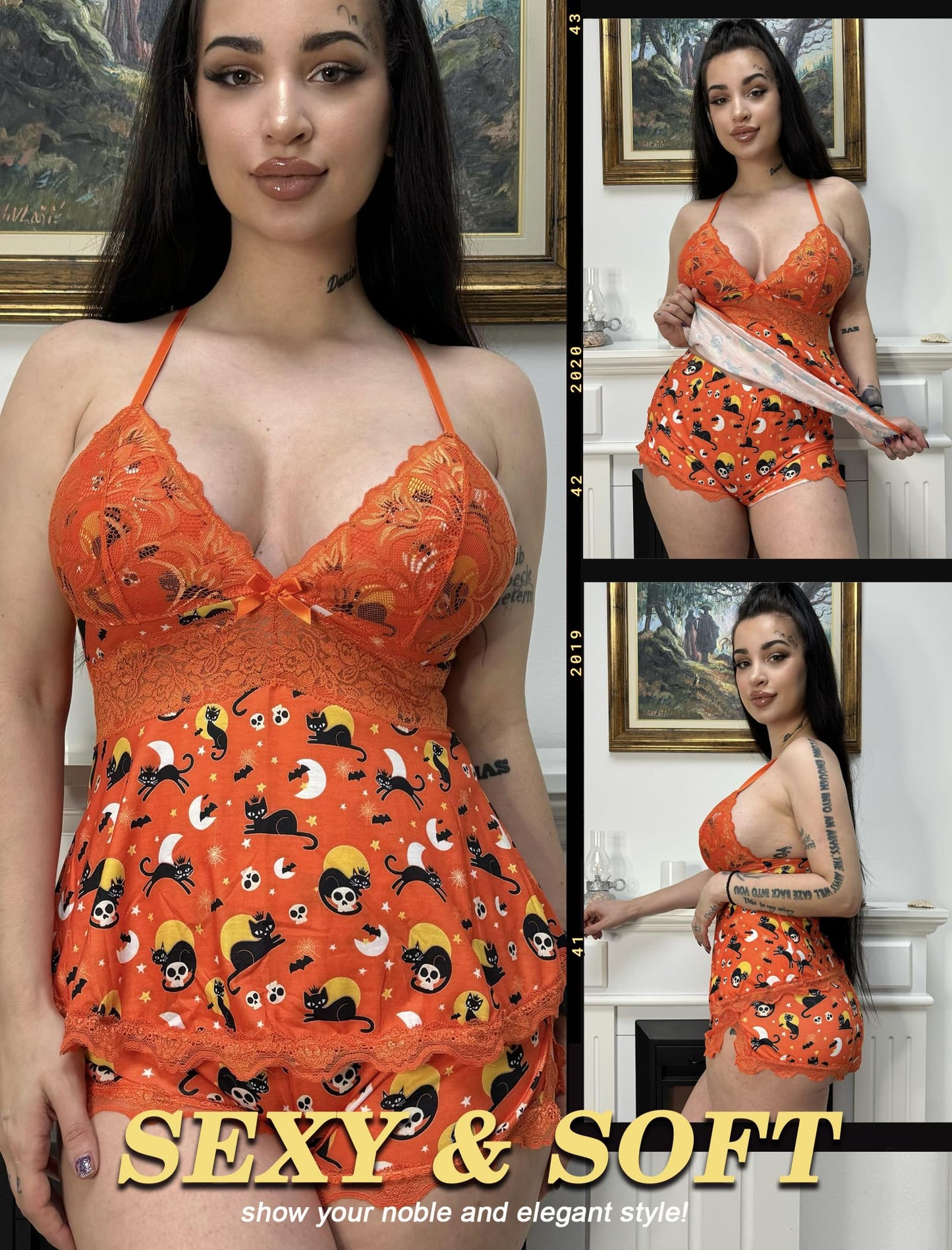 Avidlove Chemise Sleepwear Lace Nightwear Lingerie Sleepwear Camisole Short Sets Halloween Orange S-XXL