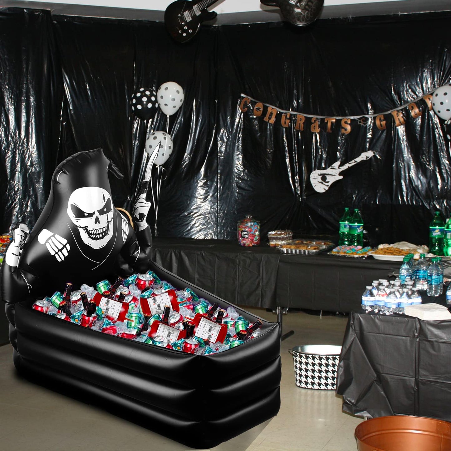 44 Inch Inflatable Grim Reaper Coffin Cooler Halloween Party Supplies 120+ Cans Large Capacity Inflatable Drink Holder for Indoor Outdoor Home Halloween Birthday Party Decorations, Black