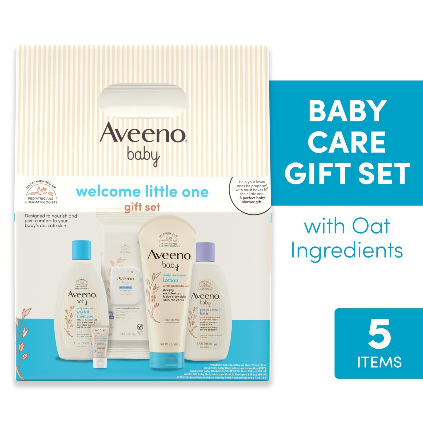 Aveeno Baby Welcome Little One Gift Set, Baby Skincare Set with Nourishing Baby Body Wash & Shampoo, Calming Bath Wash, All Over Baby Wipes, Daily Moisturizing Lotion, & Baby Balm, 5 Items