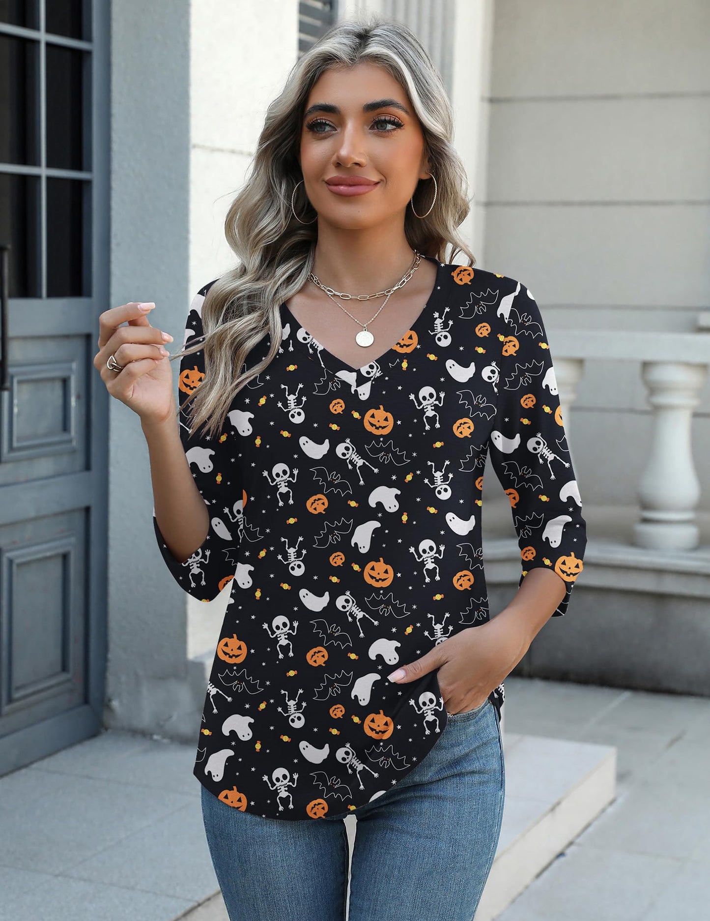 Zeagoo Halloween Pumpkin Shirts Women Fall T-Shirts Cute Autumn Graphic Tees Thanksgiving Tops Halloween Shirts 3/4 Sleeve V-Neck T Shirt