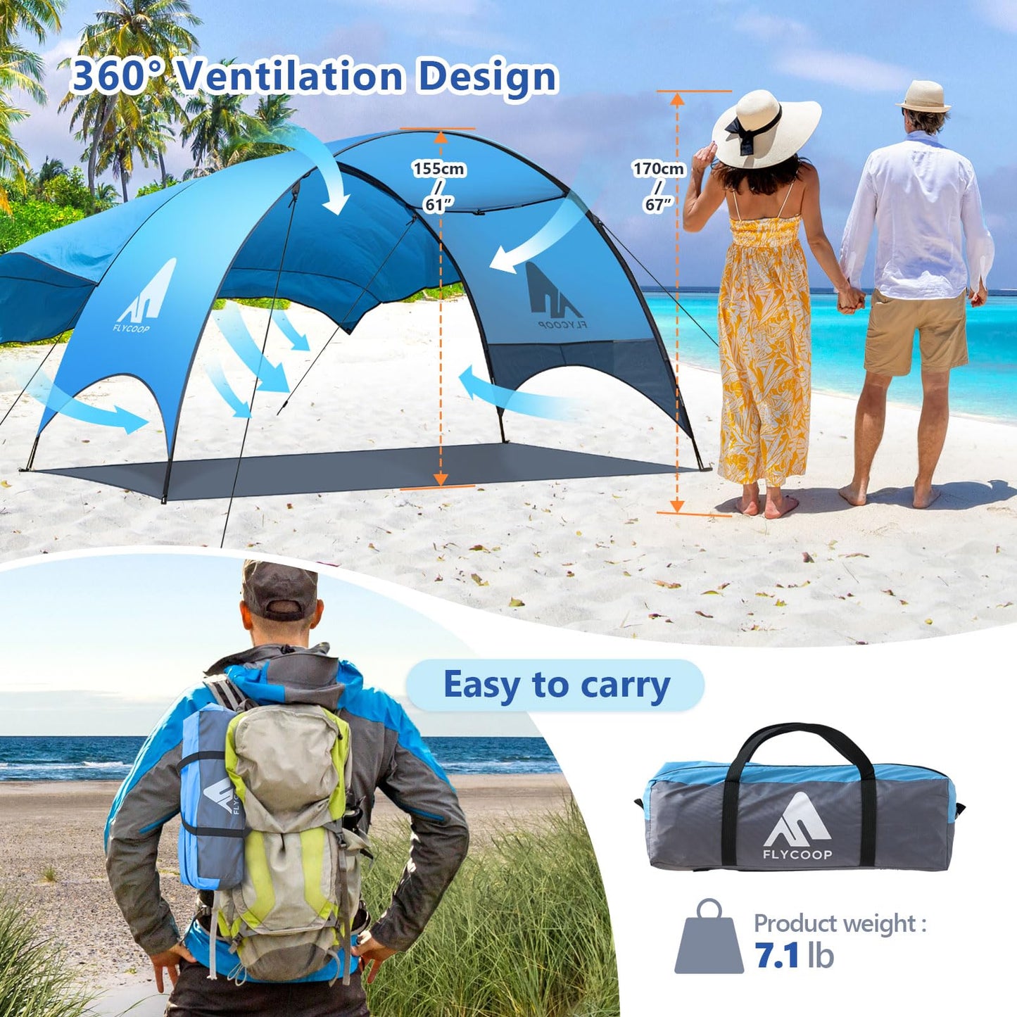Beach Tent - Beach Shade Canopy Compact Fold (16.9x3.9″), Own Patent, 360° Ventilation, Large Side Storage Pocket, UV Protection Portable Sun Shelter for Beach (Blue, 106*65*61″ with 74.8*98.4″ sail)