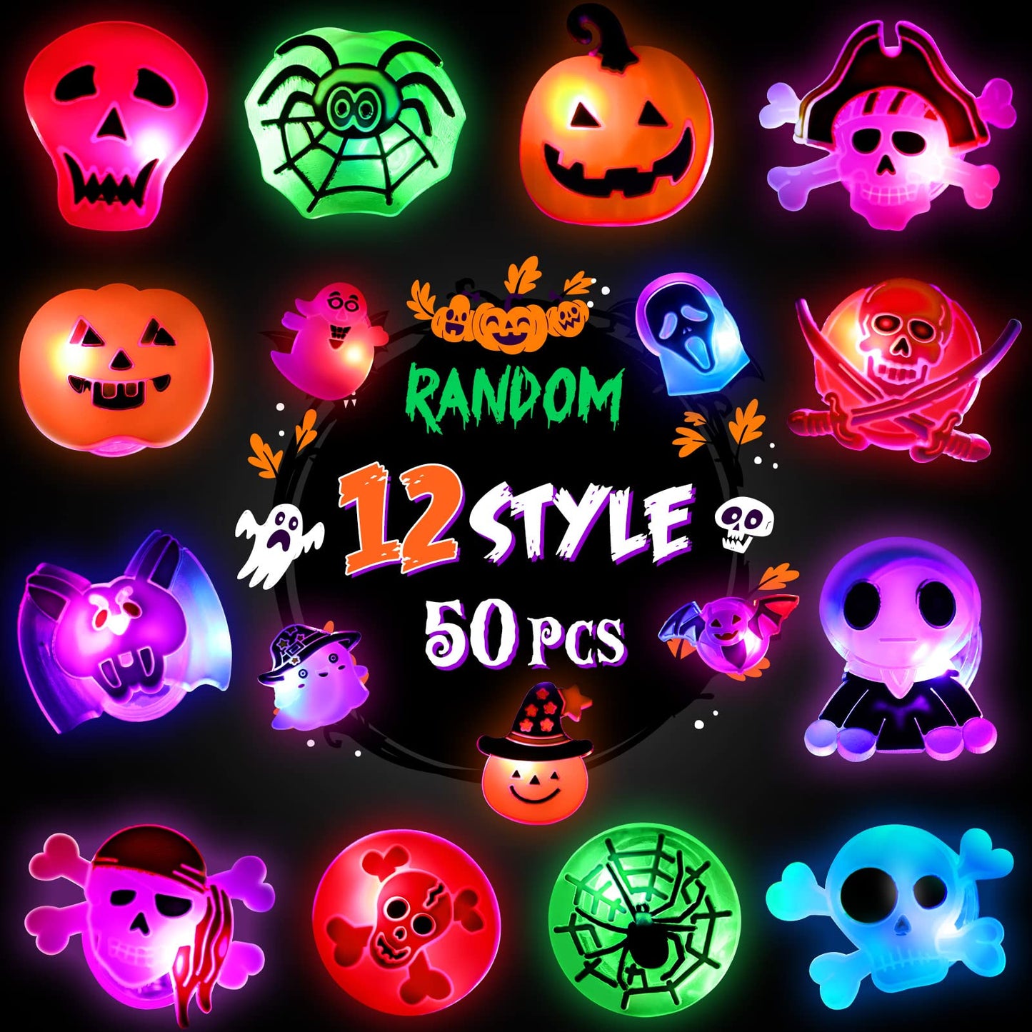 50 Pcs LED Flash Light Up Rings - Halloween Toys for Kids, Party Favors & Goodie Bag Fillers