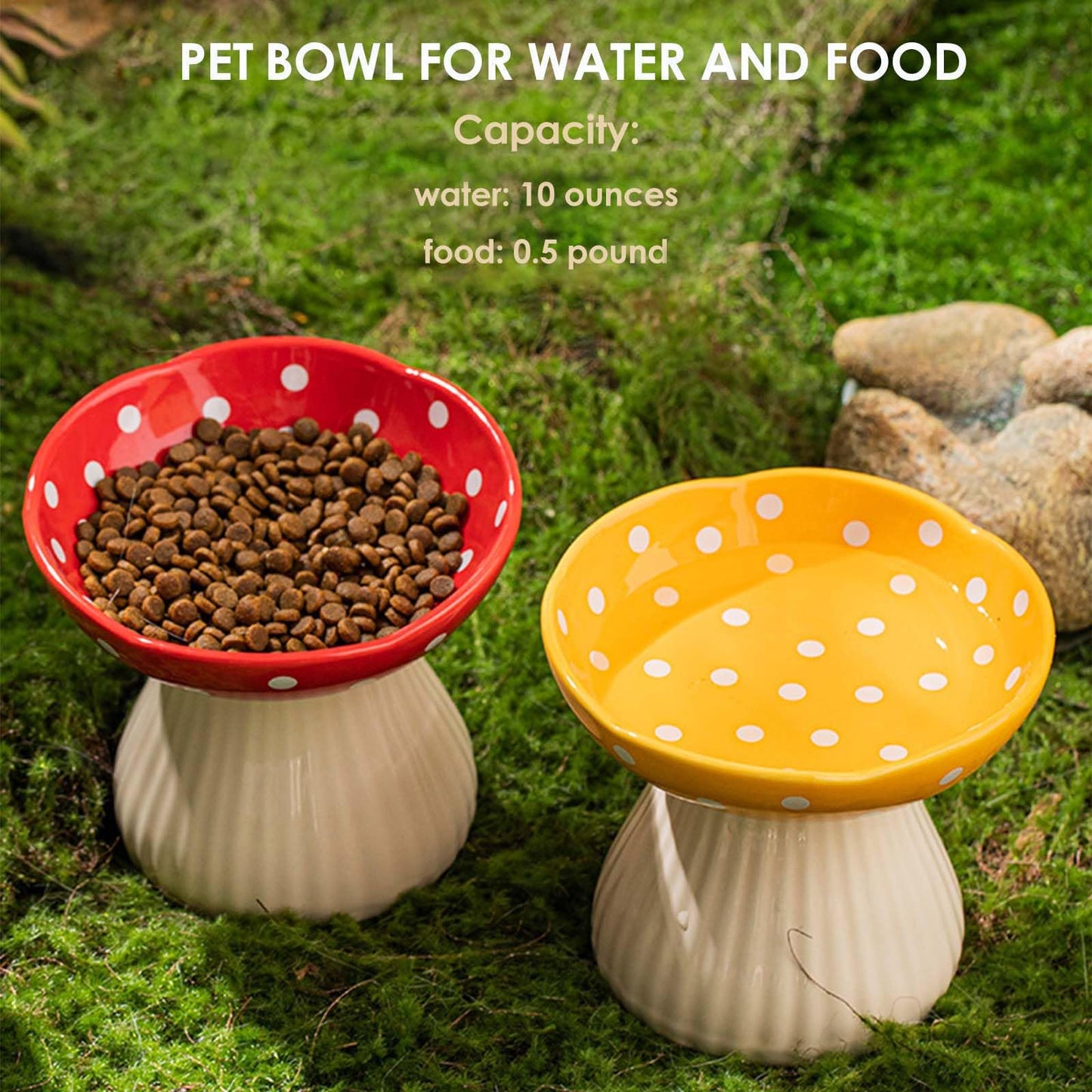 Whimsicalfox Raised Cat Bowl, Cute Mushroom Pet Feeder, Elevated Small Dog Food Bowl, Ceramic Pet Bowls for Food and Water, Wide Shallow Cat Dish, Whisker Fatigue (Black)