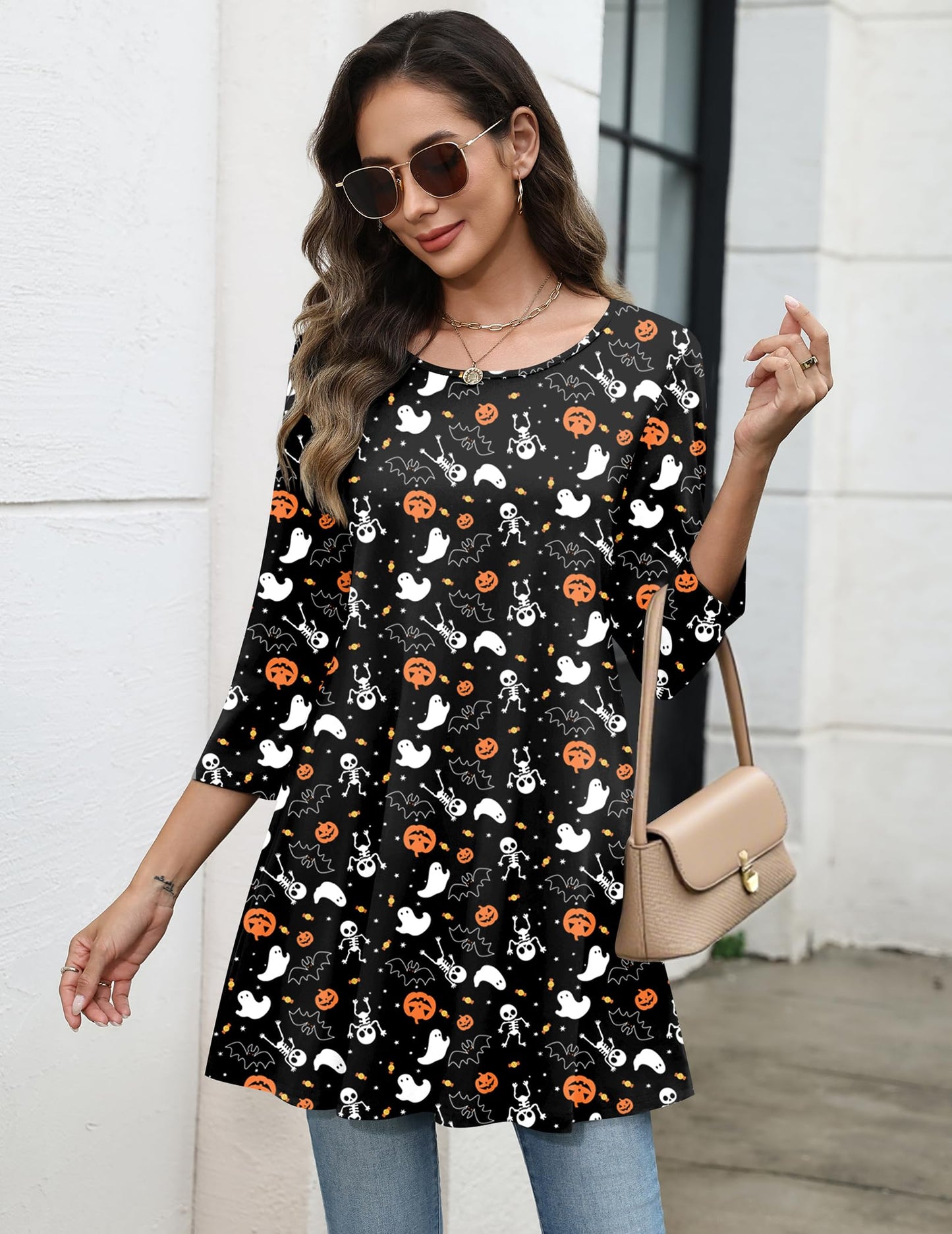 Zeagoo Halloween Pumpkin Shirt T-Shirt for Women Thanksgiving Funny Graphic Shirts Casual Autumn Tee Tops 3/4 Sleeve Tops Fall Outfits Clothes 2025 XXL