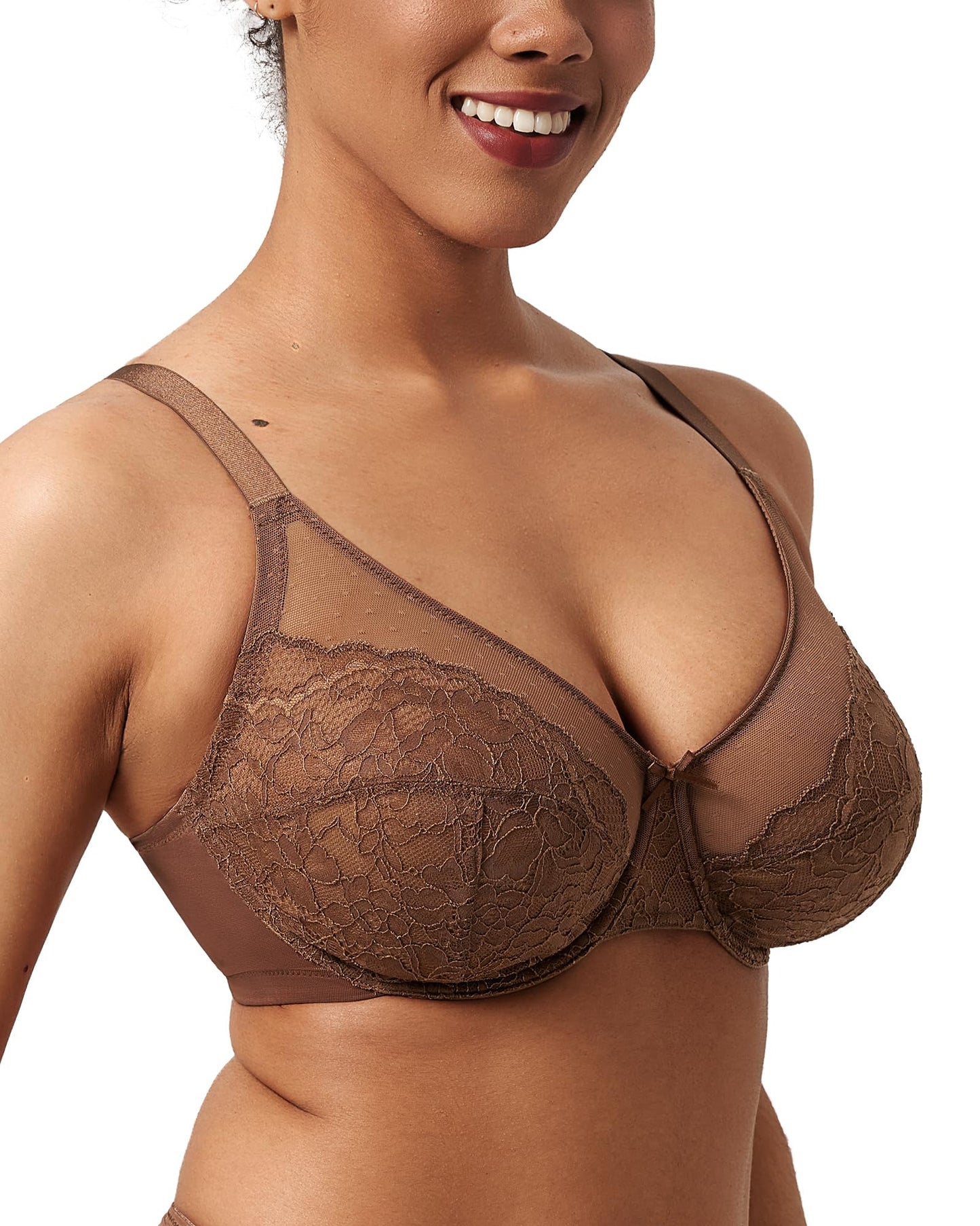 HSIA Minimizer Bras for Women Enchante Full Coverage Underwire Bras Plus Size Lifting Floral Lace Bra for Heavy Breast Coffee Brown