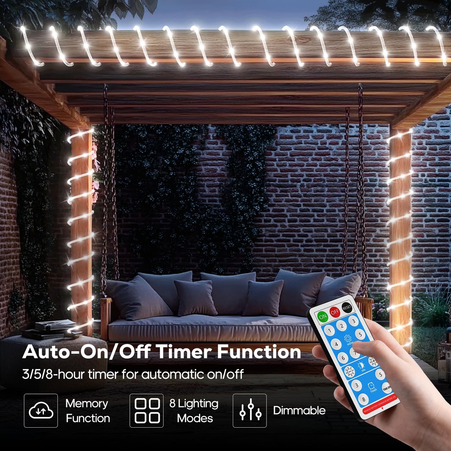 ICRGB Solar Rope Lights, 66FT 200LED 1800mAh Outdoor Waterproof Solar Lights with Remote, IP67 String Light with Timing & 8 Modes for Garden Tree Pathway Yard Pool RV Christmas Decor, White