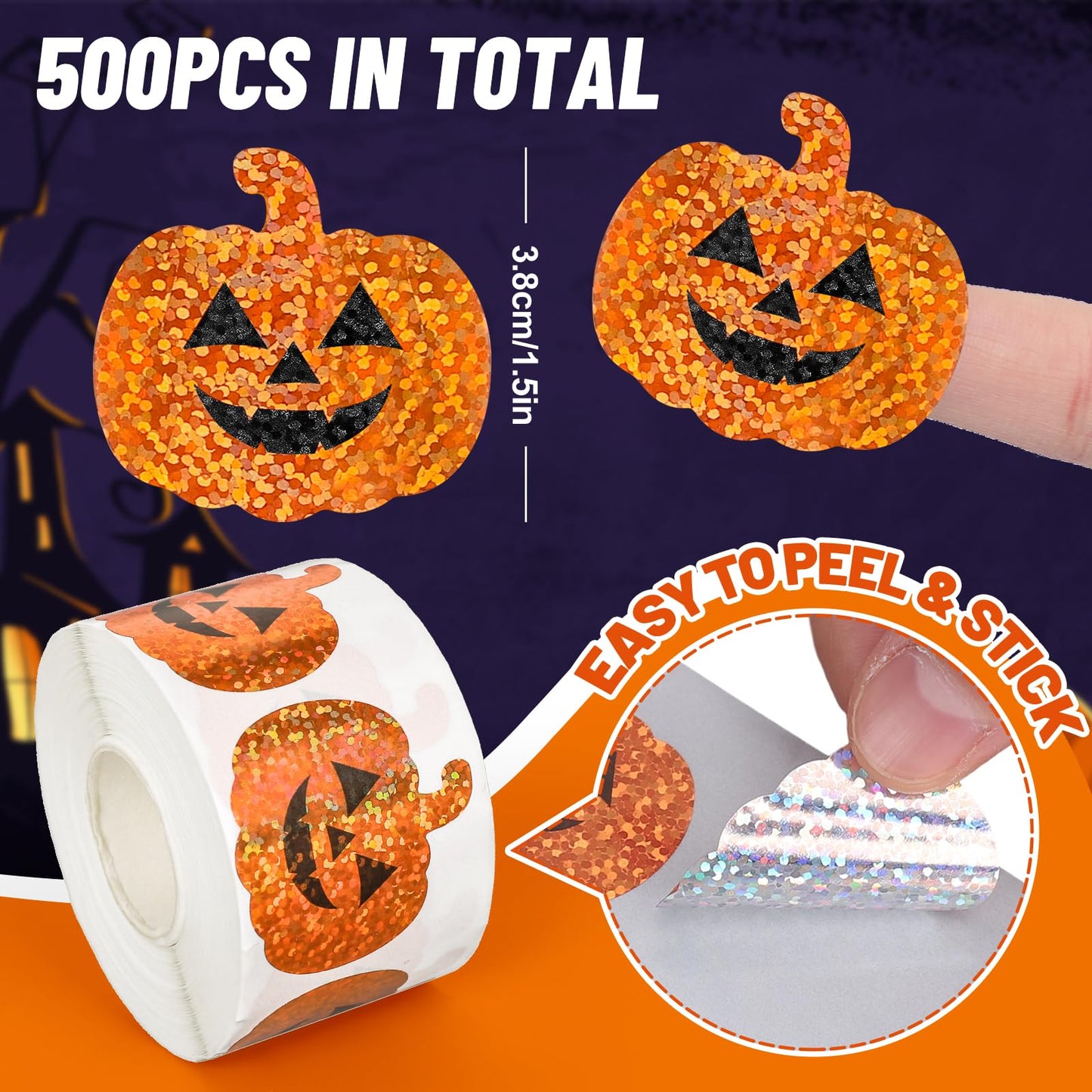 Whaline Halloween Pumpkin Stickers Roll Laser Pumpkin Shape Waterproof Decals Orange Sparkly Self-Adhesive Stickers for Halloween Trick or Treat Party Envelope Scrapbook Decor, 500Pcs
