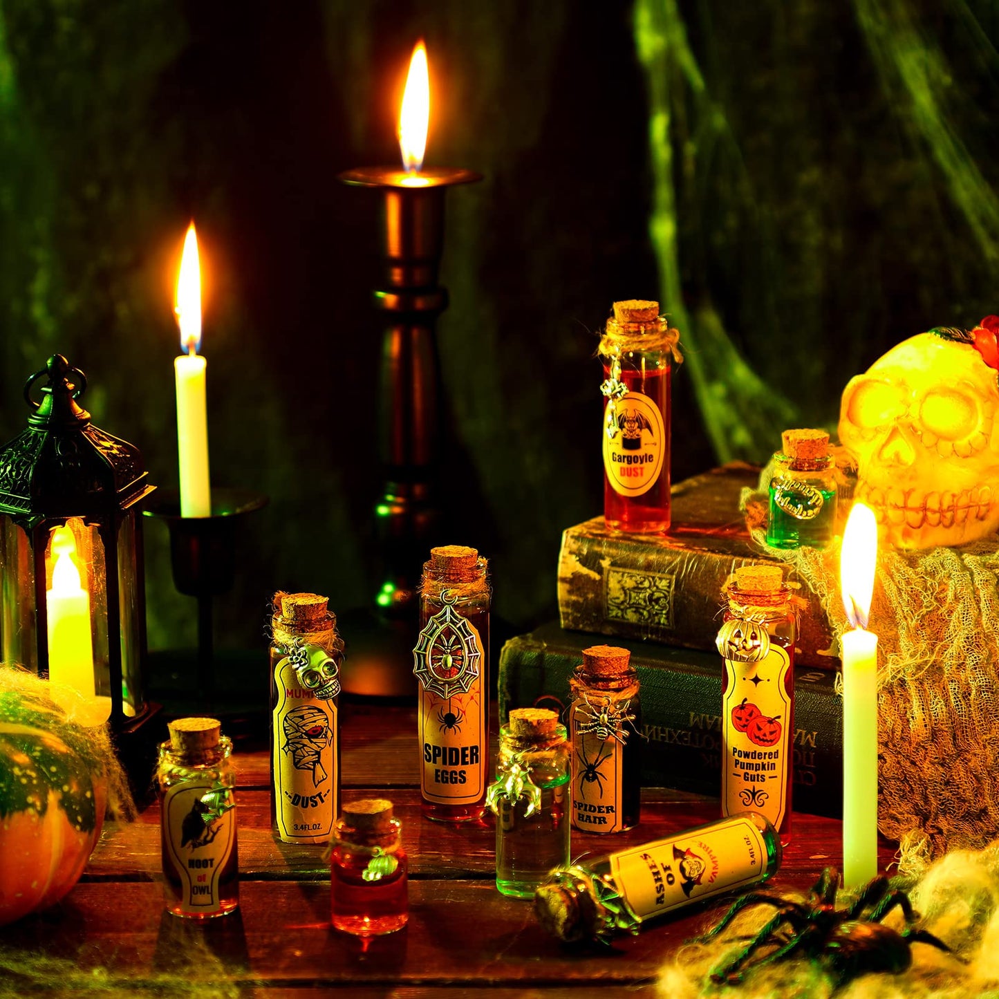53 Pcs Halloween Mini Potion Bottles Set Including 12 Decorative Glass Bottles with Cork Stoppers 20 Creepy Apothecary Bottle Labels Stickers 20 Charms Pendants 1 String (5/10/15/20 ML,Classic)