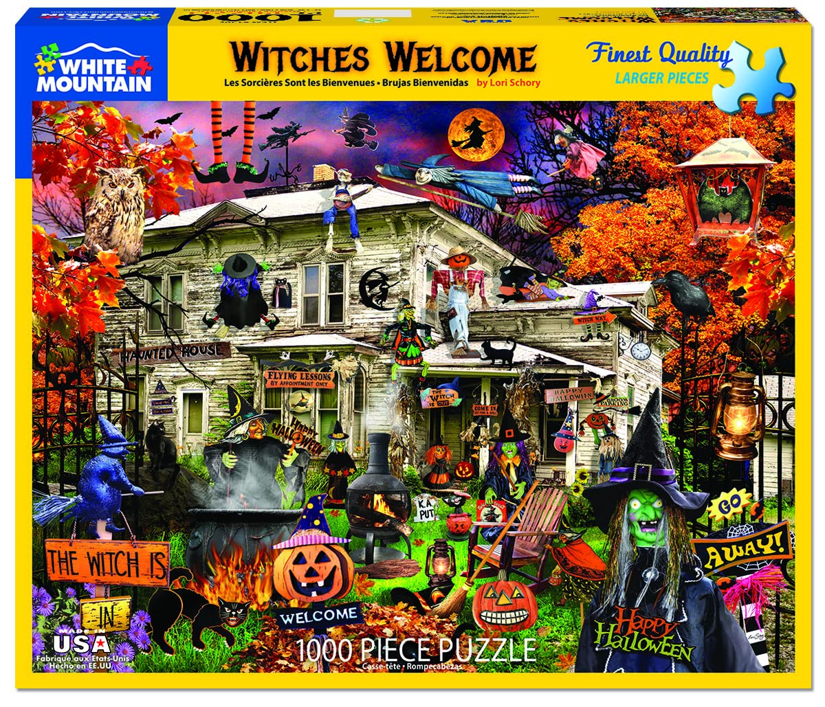 White Mountain Witches Welcome Halloween Puzzles 1000 Pieces Haunted House Jigsaw Puzzle for Fall and Autumn