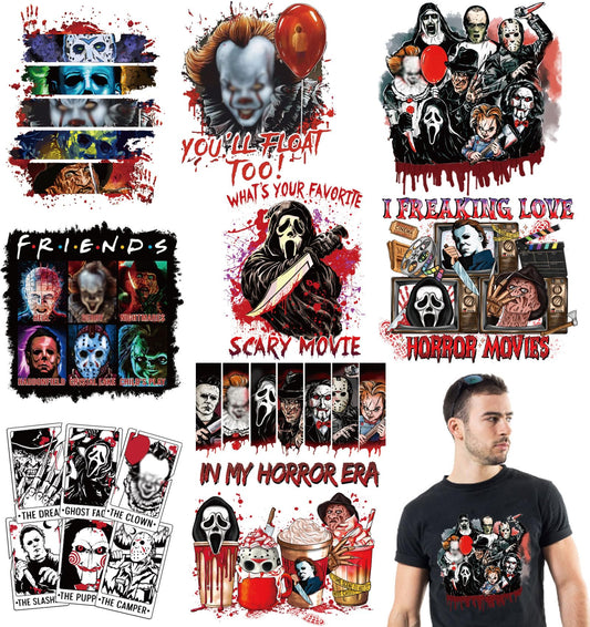 9 Sheets Halloween Iron on Transfers for T-Shirts,Halloween DTF Transfers Ready to Press Heat Transfer Vinyl,Horror Movie Iron on Patches Sticker Halloween Iron on Decals for T-Shirt Clothes DIY