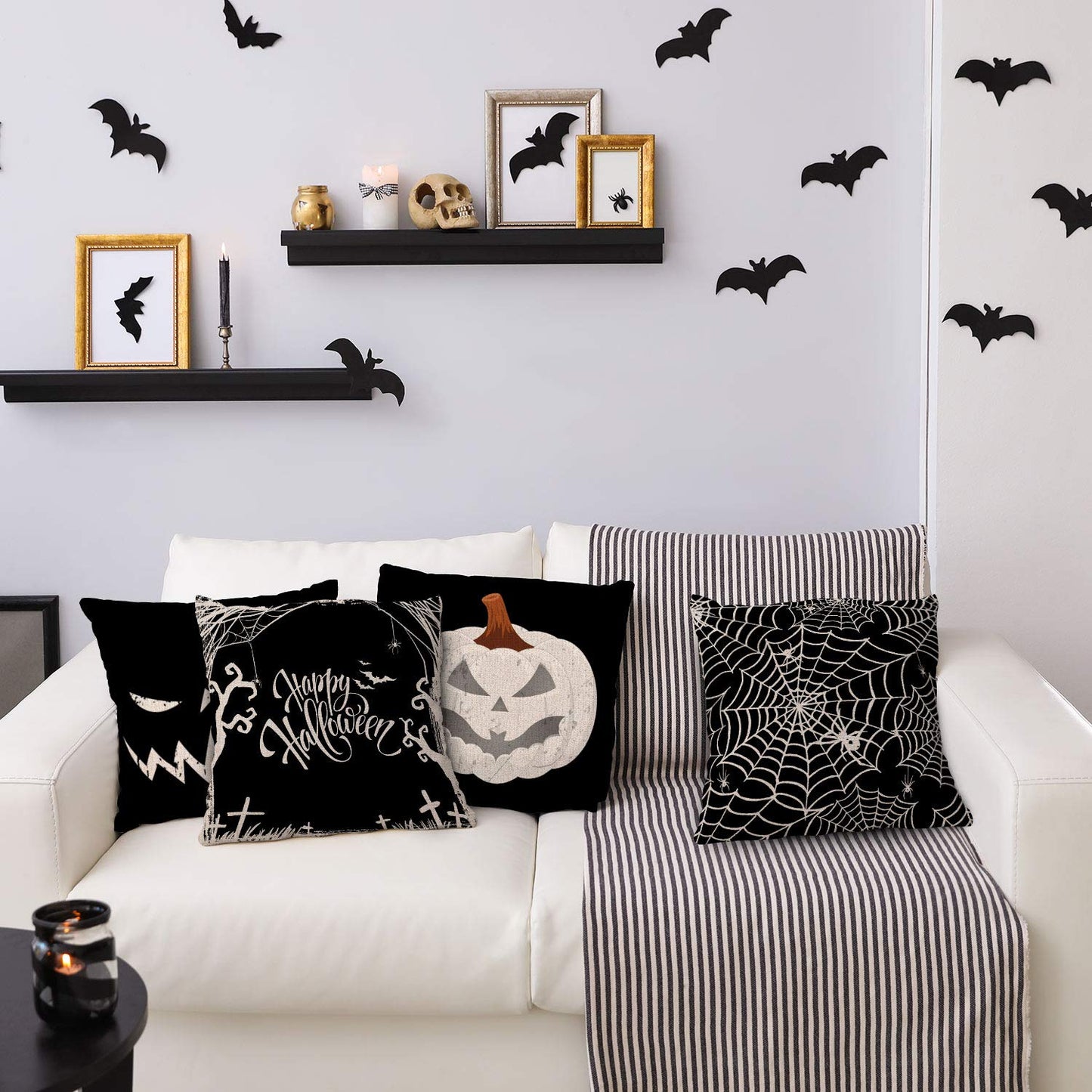 Whaline Happy Halloween Pillow Cover Pumpkin Spider Web Pillow Case Black Linen Throw Cushion Cover Cushion Cases for Home Office Halloween Sofa Bed Decoration, 18" x 18" (4Pcs)