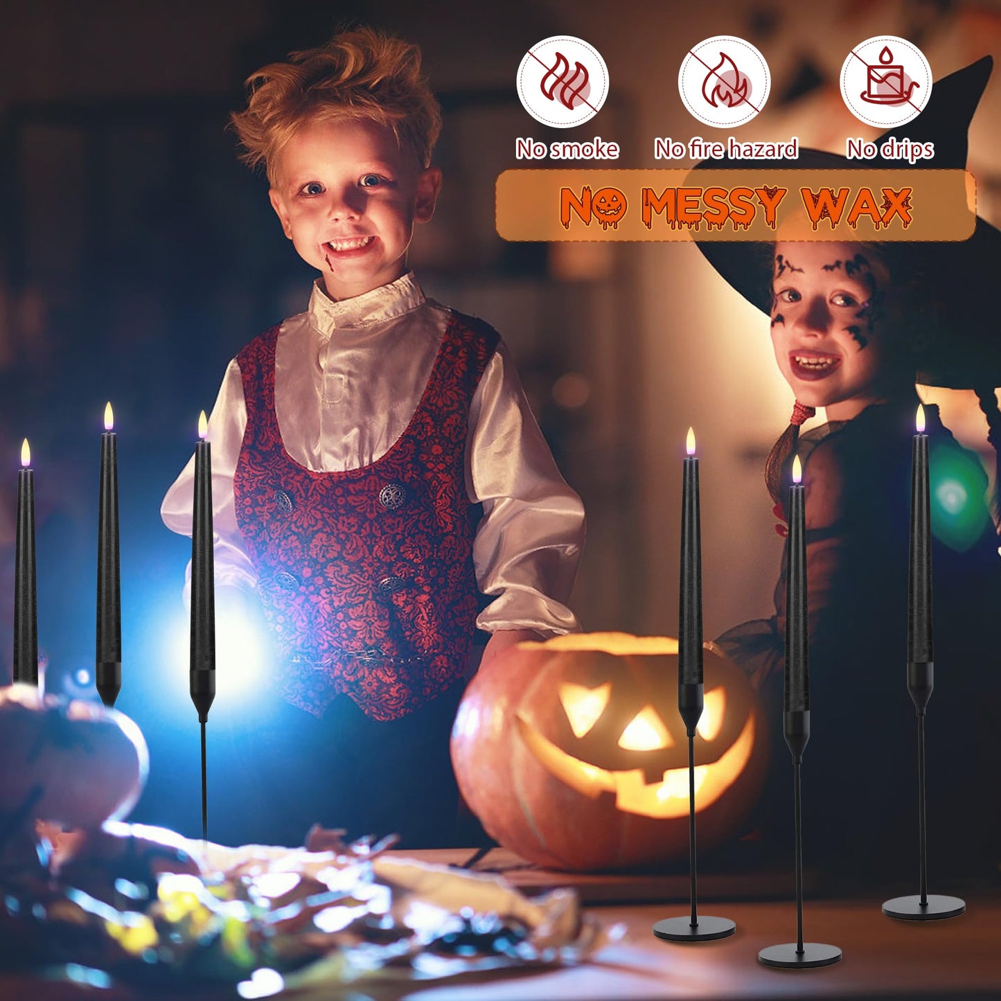 AFINETH Black Flameless Taper Candles with Remote, Real Wax Halloween Candles, 9.6 Inch Battery Operated Led Candlesticks for Party Home Festival Decor, 3 Pack