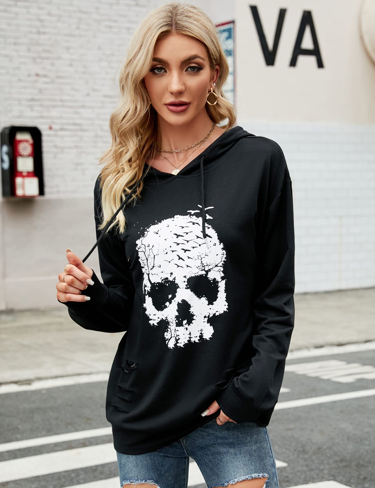 Blooming Jelly Women's Halloween Sweatshirts Skull Graphic Hoodies Long Sleeve Skeleton Shirt Trendy Fall Tops (X-Large, Black Hoodie-2)