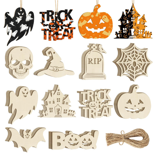 80PCS Wooden Halloween Ornaments to Paint Fall Decorations,10 Styles DIY Blank Autumn Unfinished Wood Skull Pumpkin Ghost Bat Boo Trick or Treat Halloween Cutouts Ornament for Crafts Party Hanging